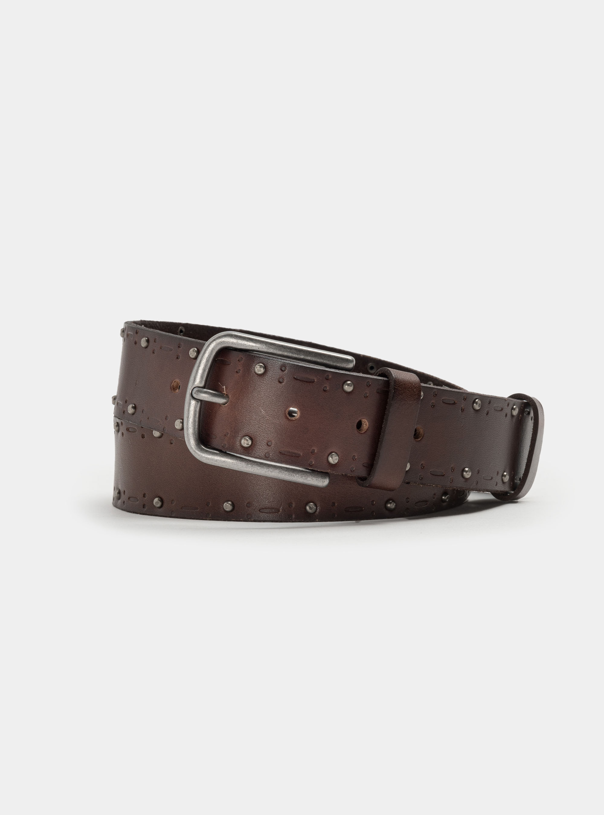 Perforated leather belt with studs, BROWN