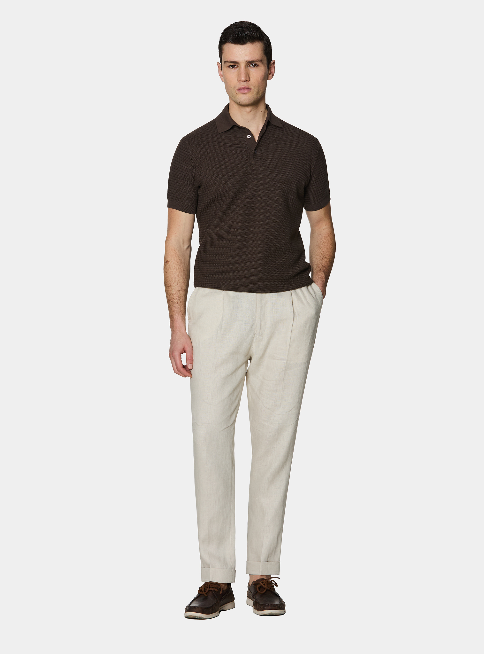 Polo en maille de coton textur&eacute;, MARRON