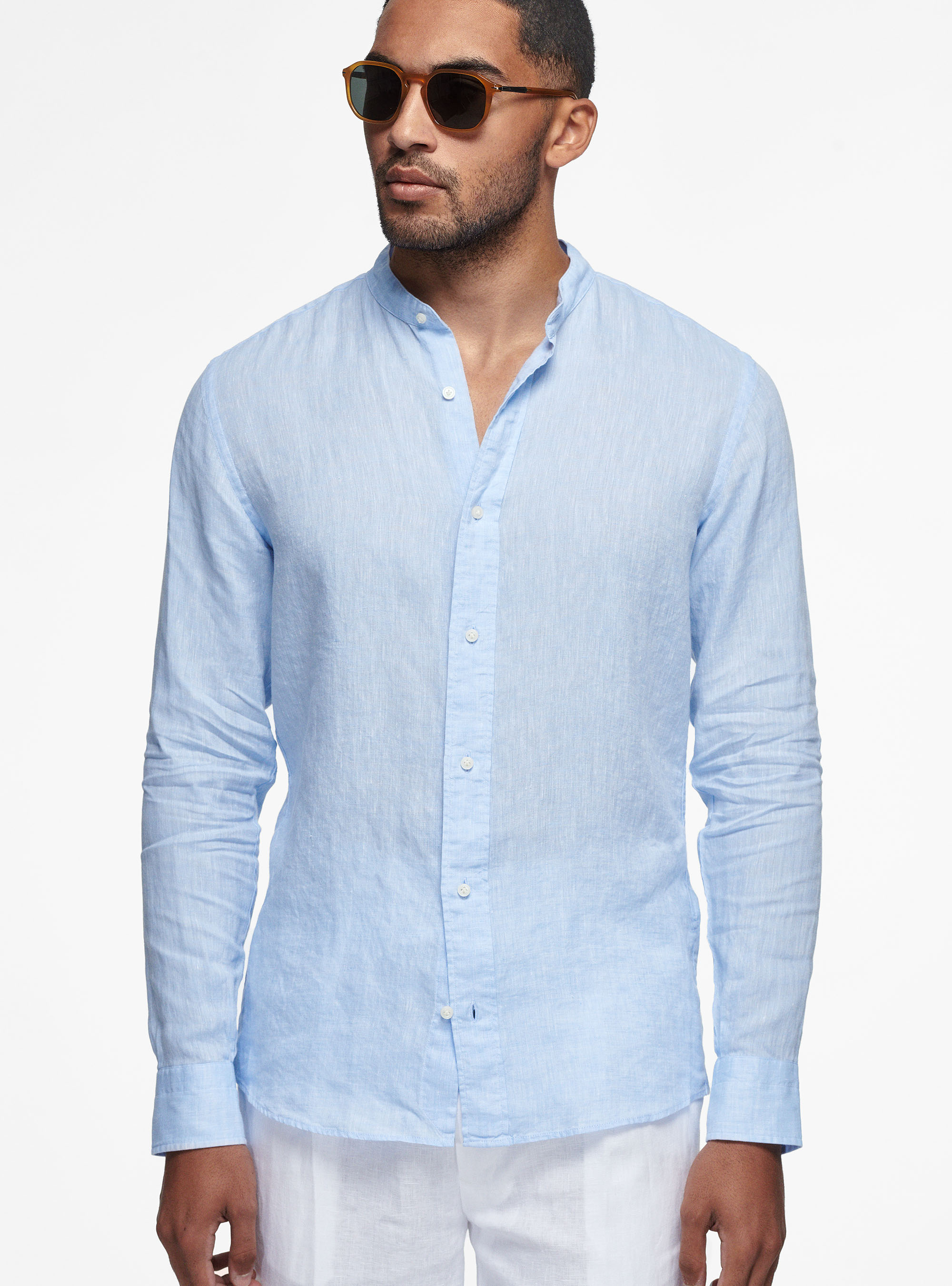 Camicia coreana in puro lino, AZZURRO