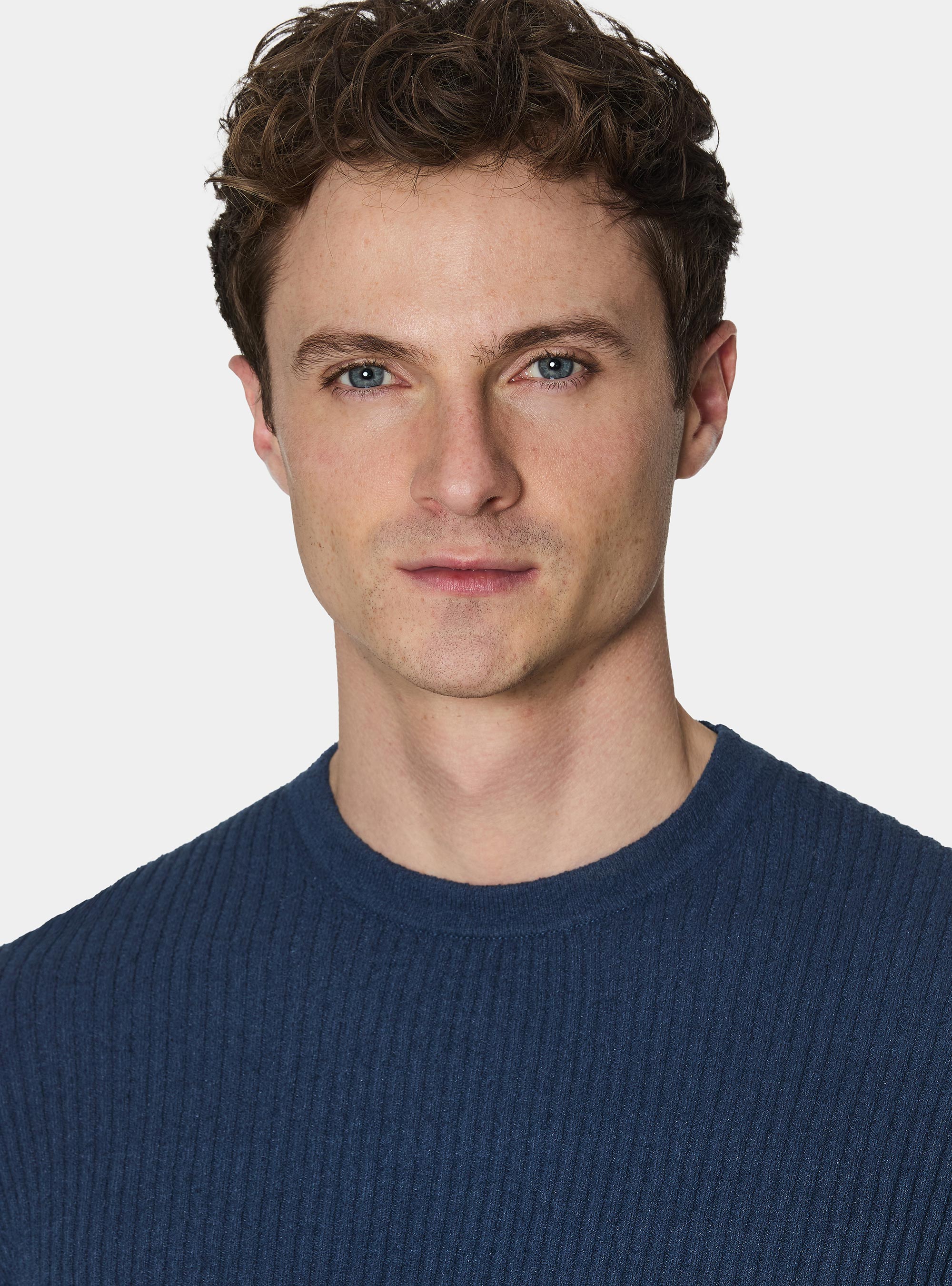 Crew neck in ribbed boucl&eacute; knit, INK