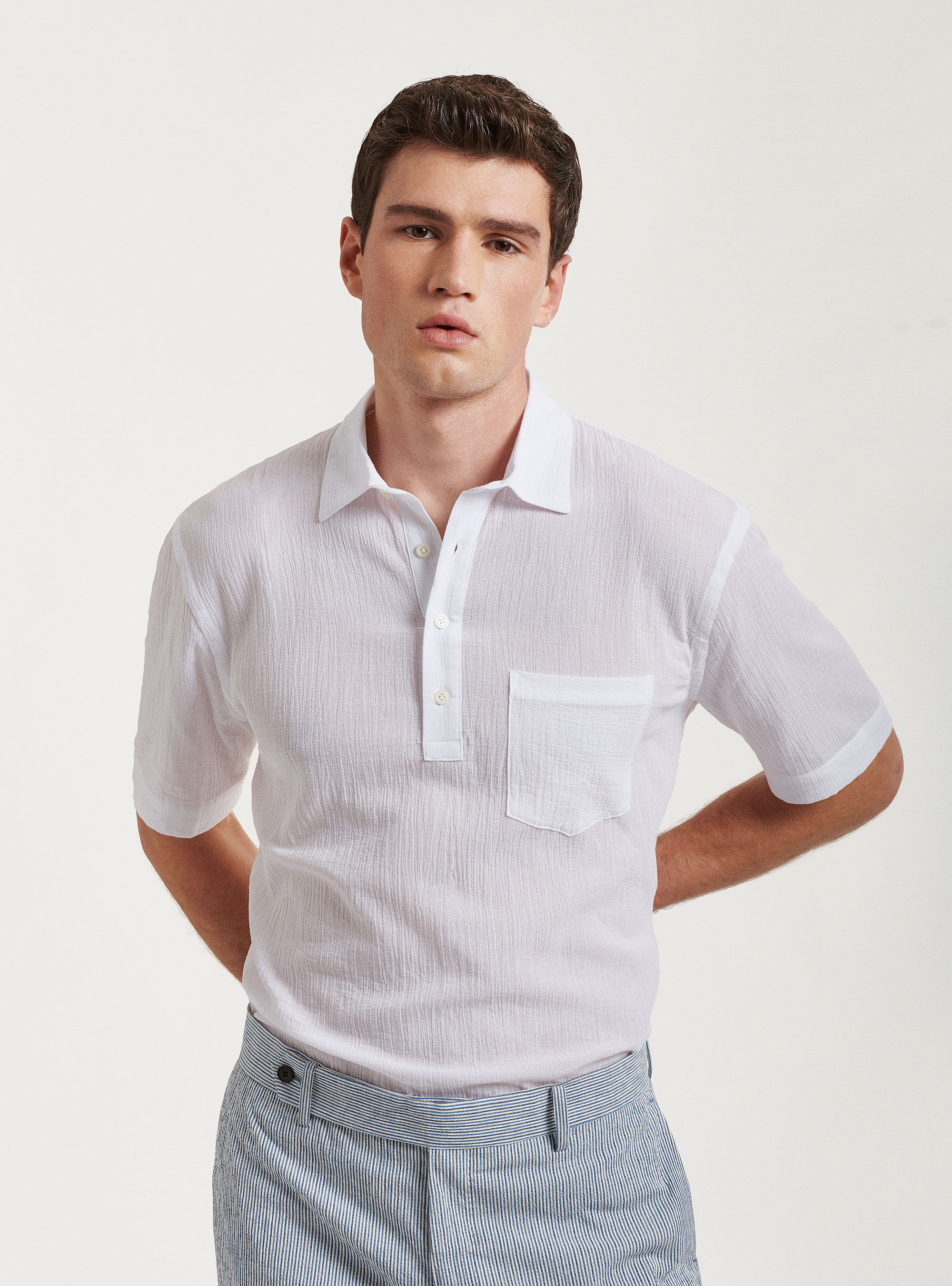 Polo mezza manica in cotone crepe, BIANCO