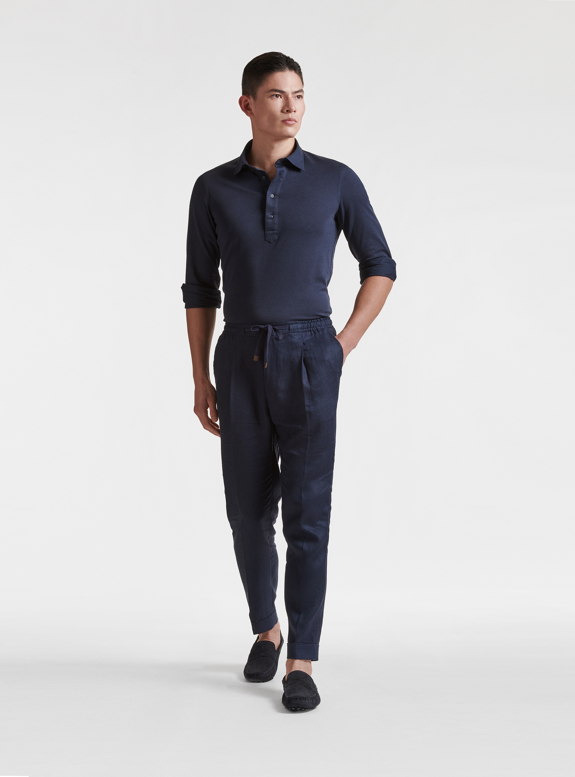 Pure linen pleat and drawstring trousers, NAVY BLUE