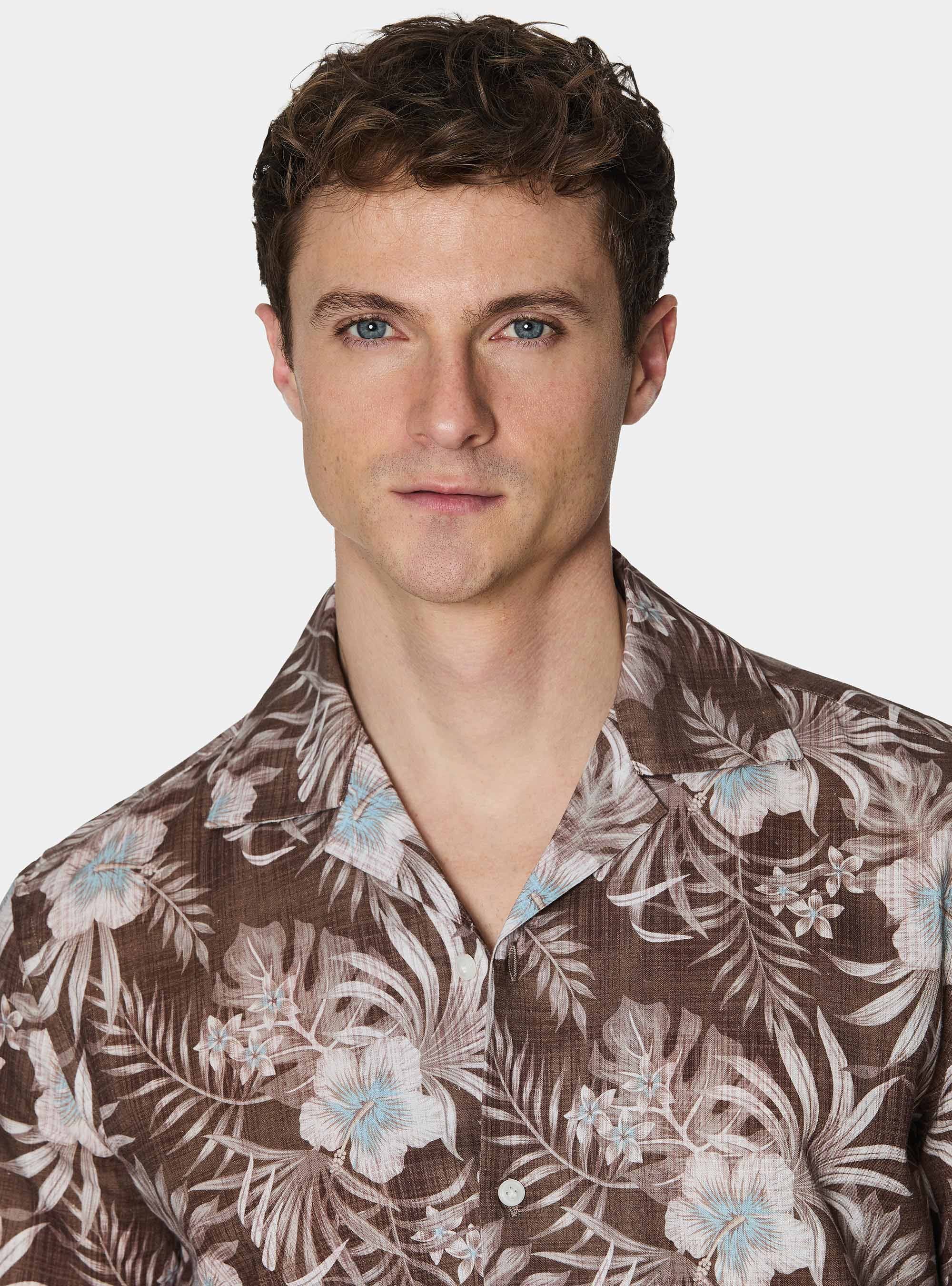 Printed linen and cotton bowling shirt, BROWN