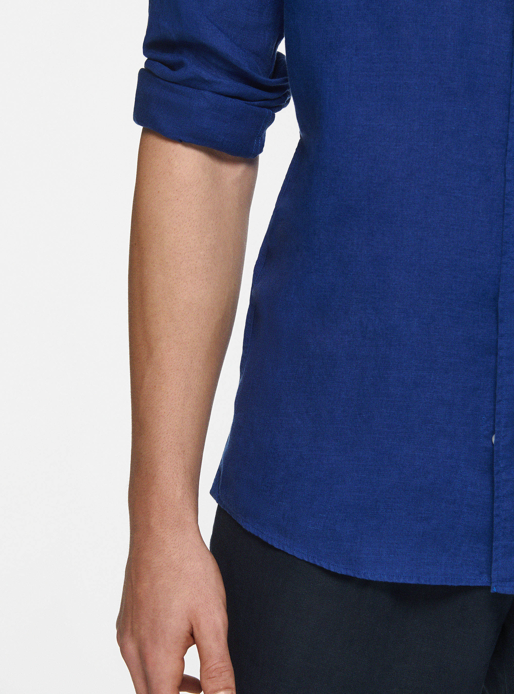 Camicia coreana in puro lino, BLU