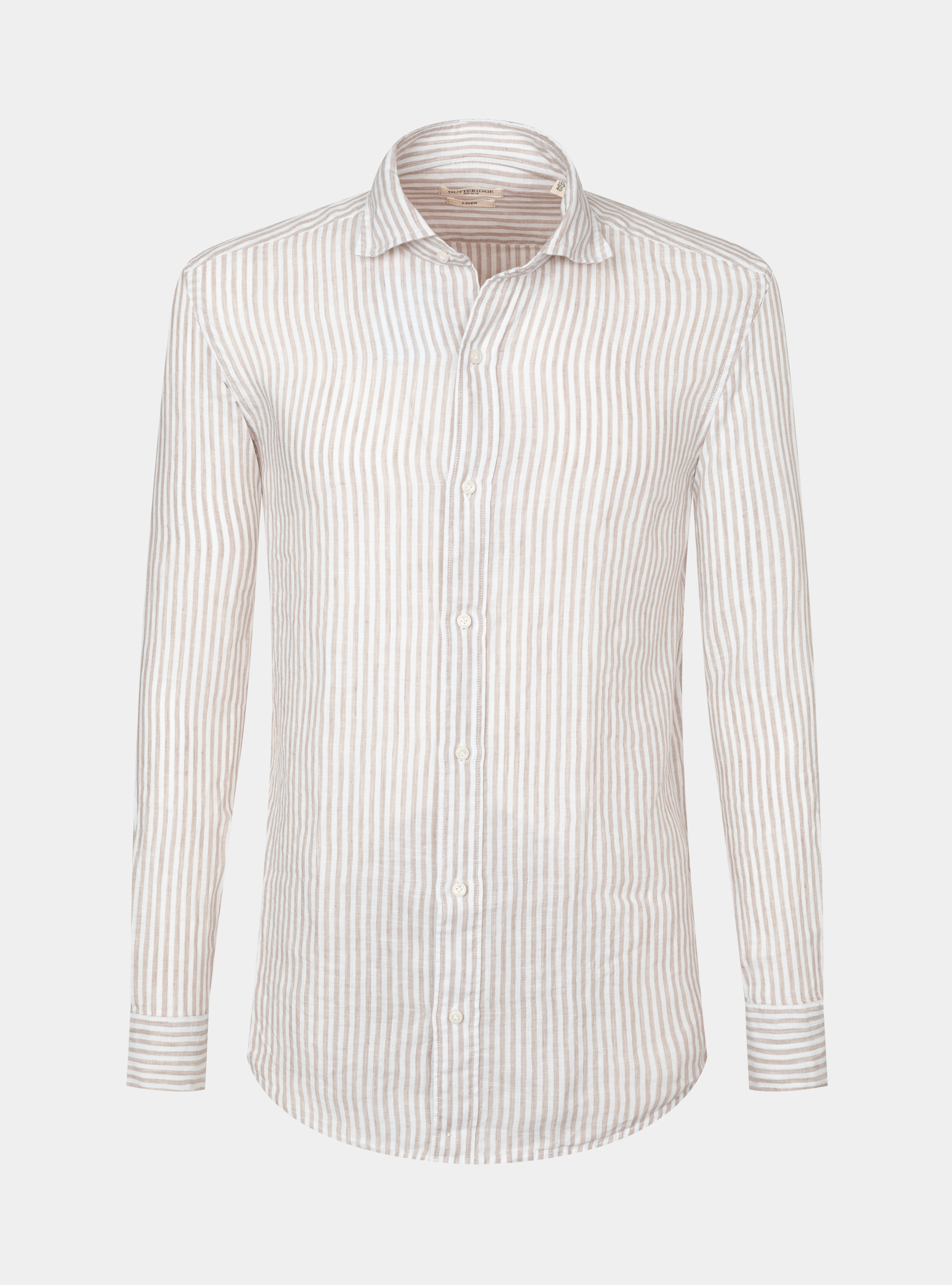 Semi-French collar shirt in pure linen striped, SAND