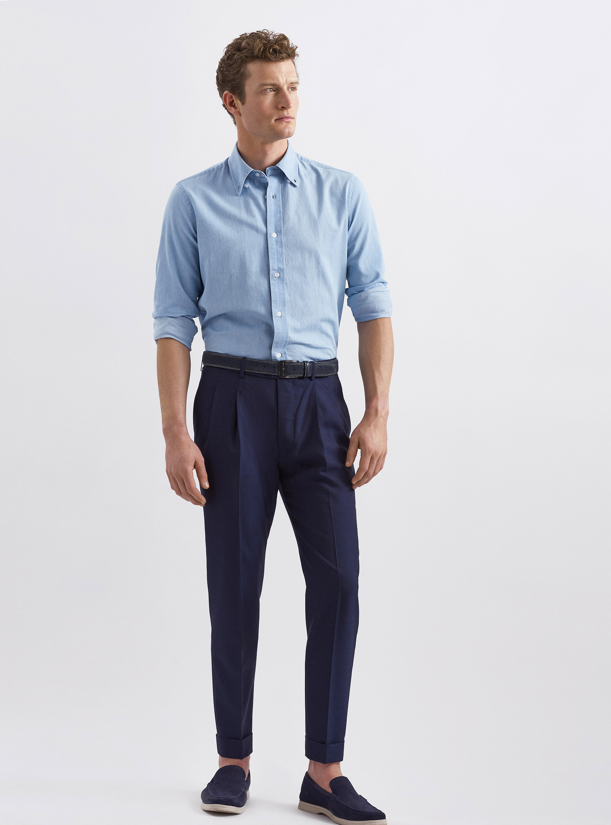Camicia collo button down in chambray di cotone, AZZURRO