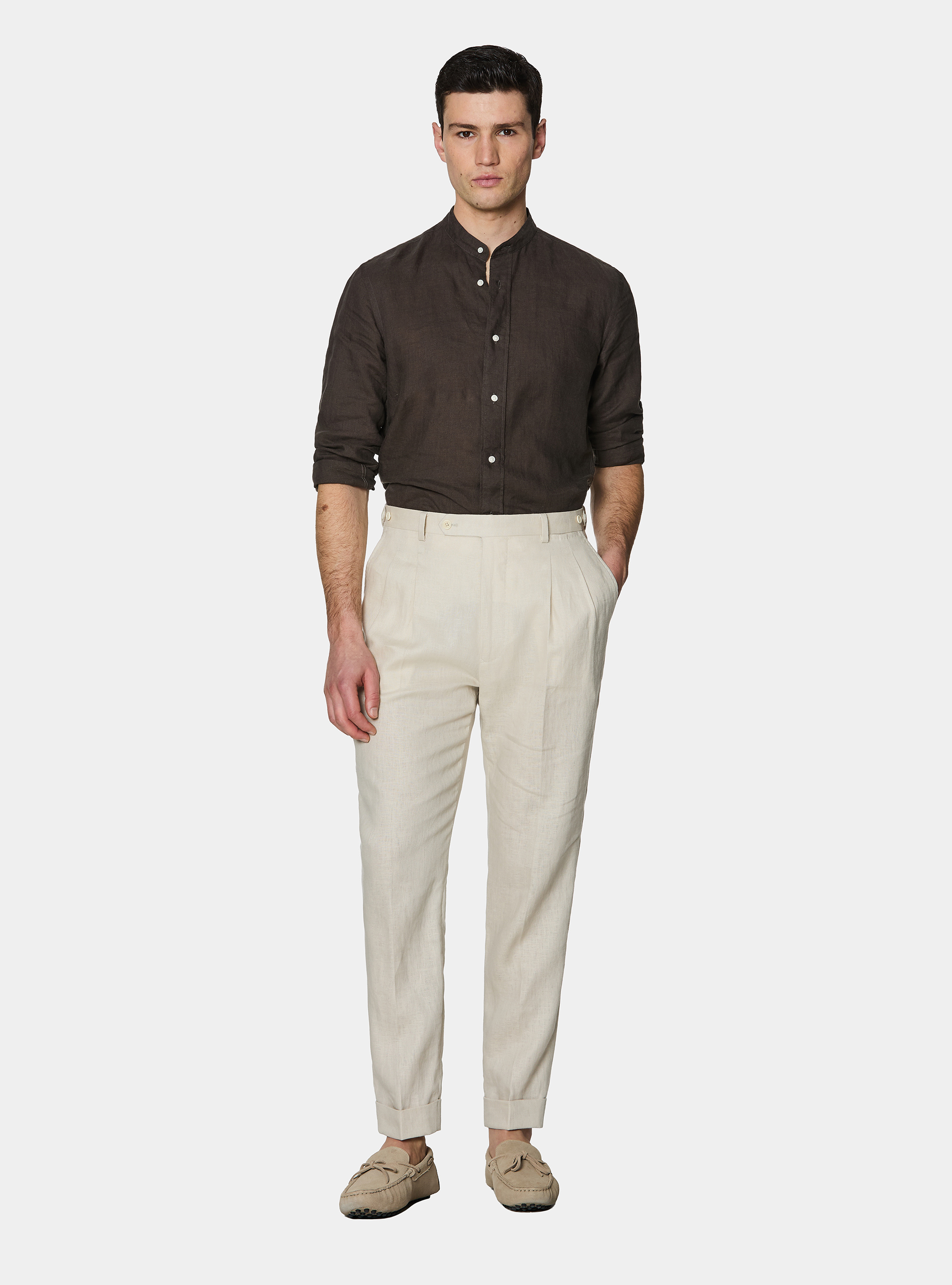 Korean shirt in pure linen, BROWN
