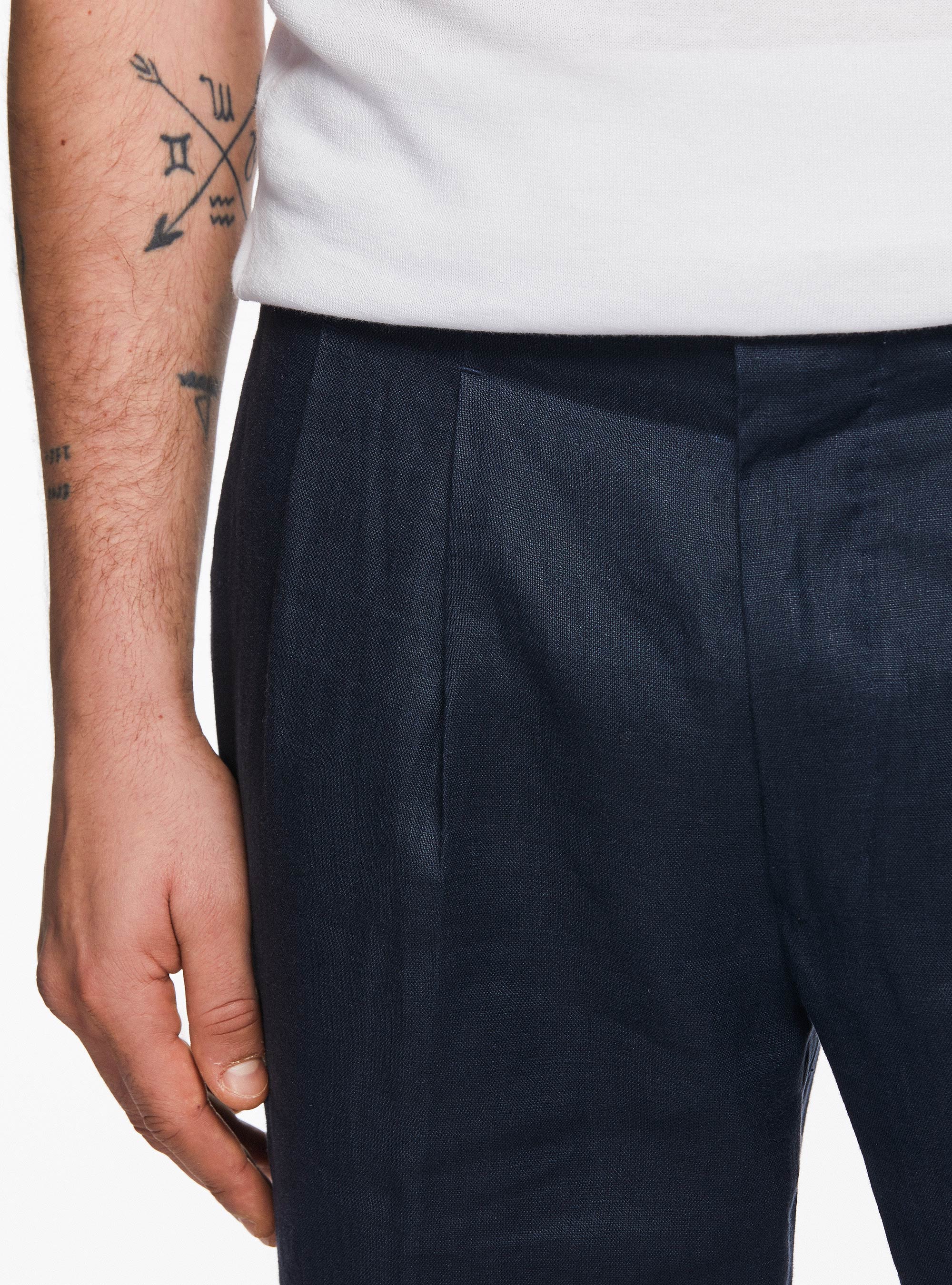 Pantalon &agrave; double couture en pur lin, BLEU MARINE