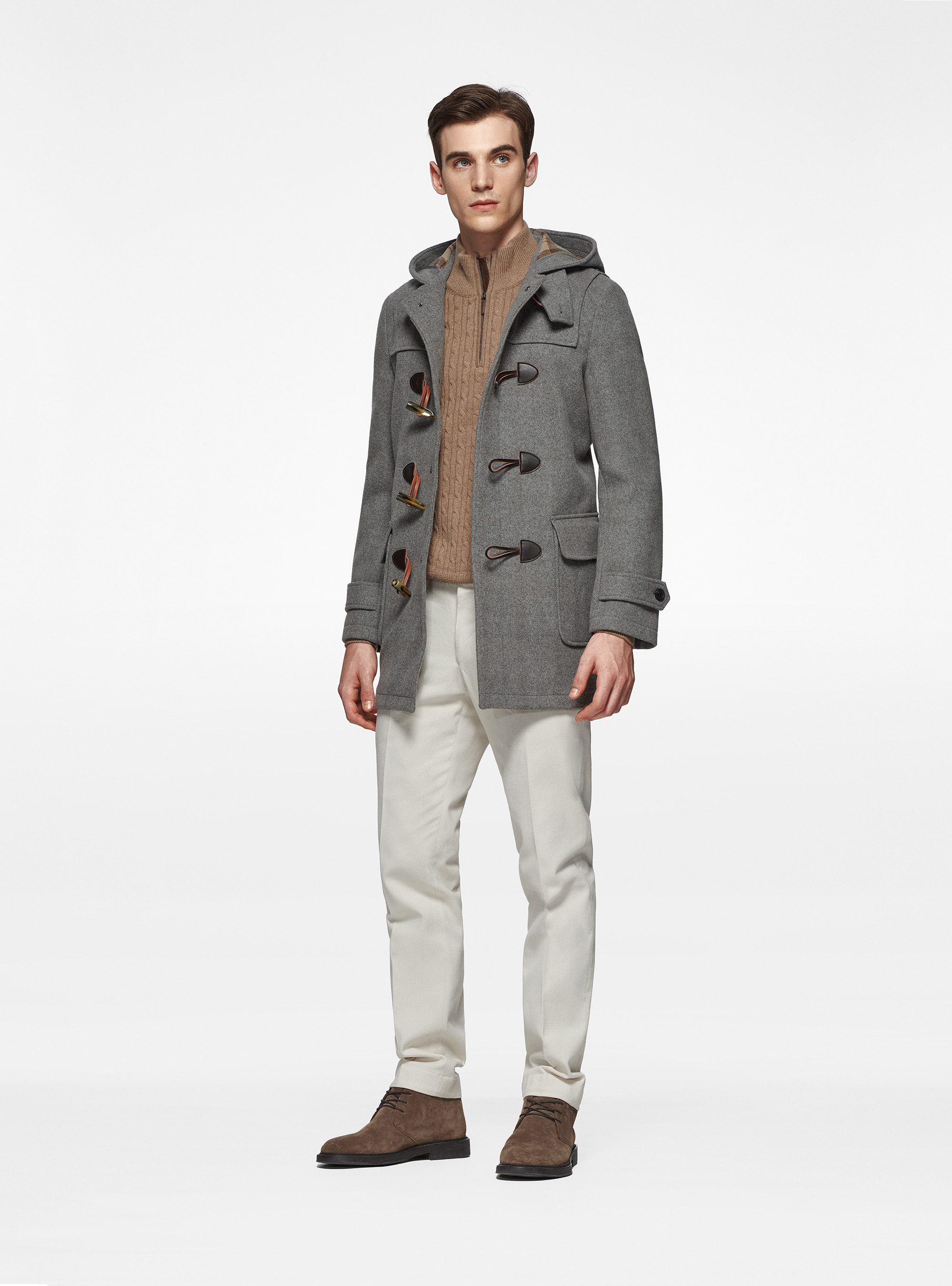 Wool-blend Montgomery duffel coat with checked interior, GRIGIO MELANGE 0151C