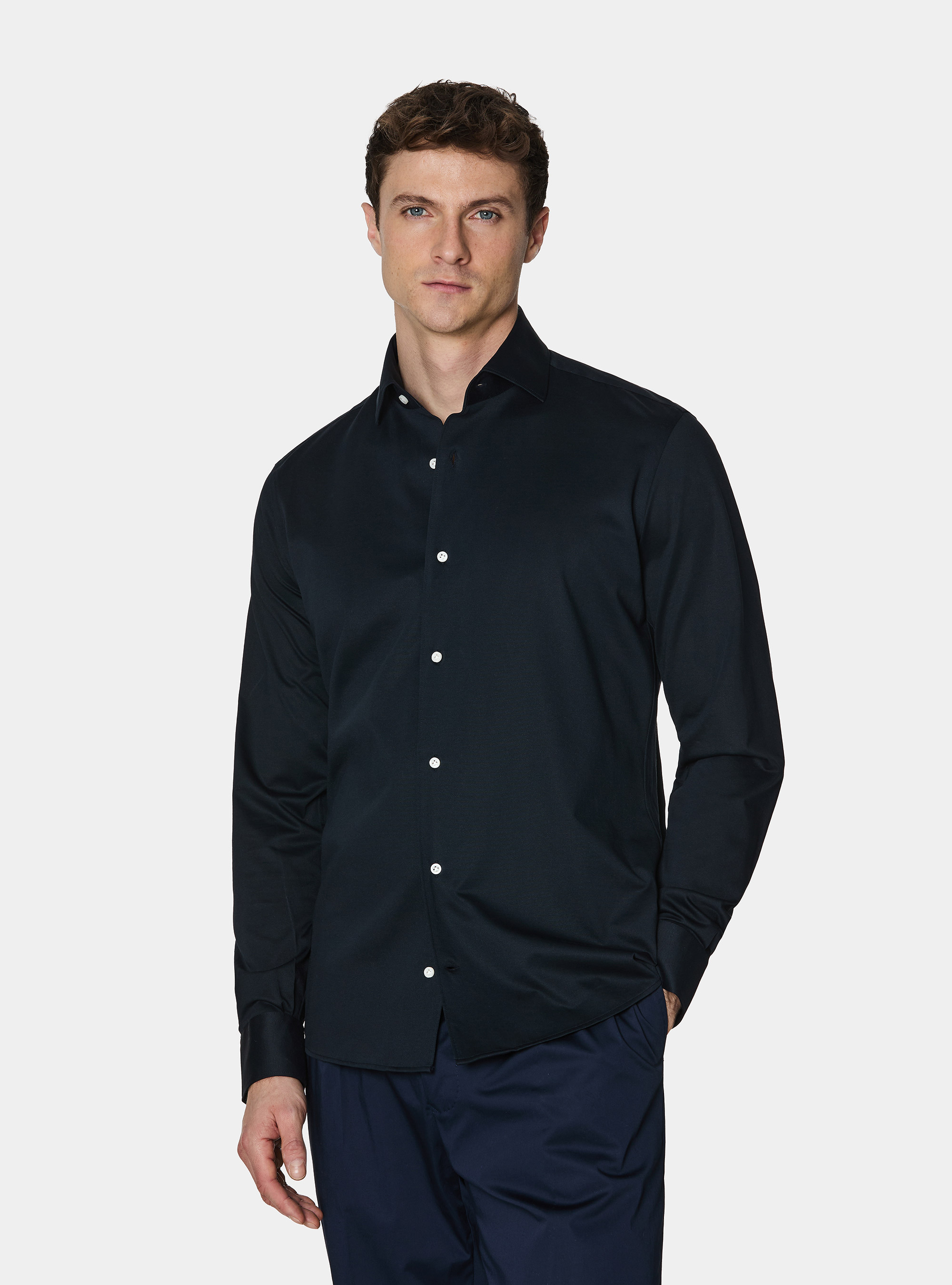 Camicia in jersey misto cotone paramontura, BLU NAVY