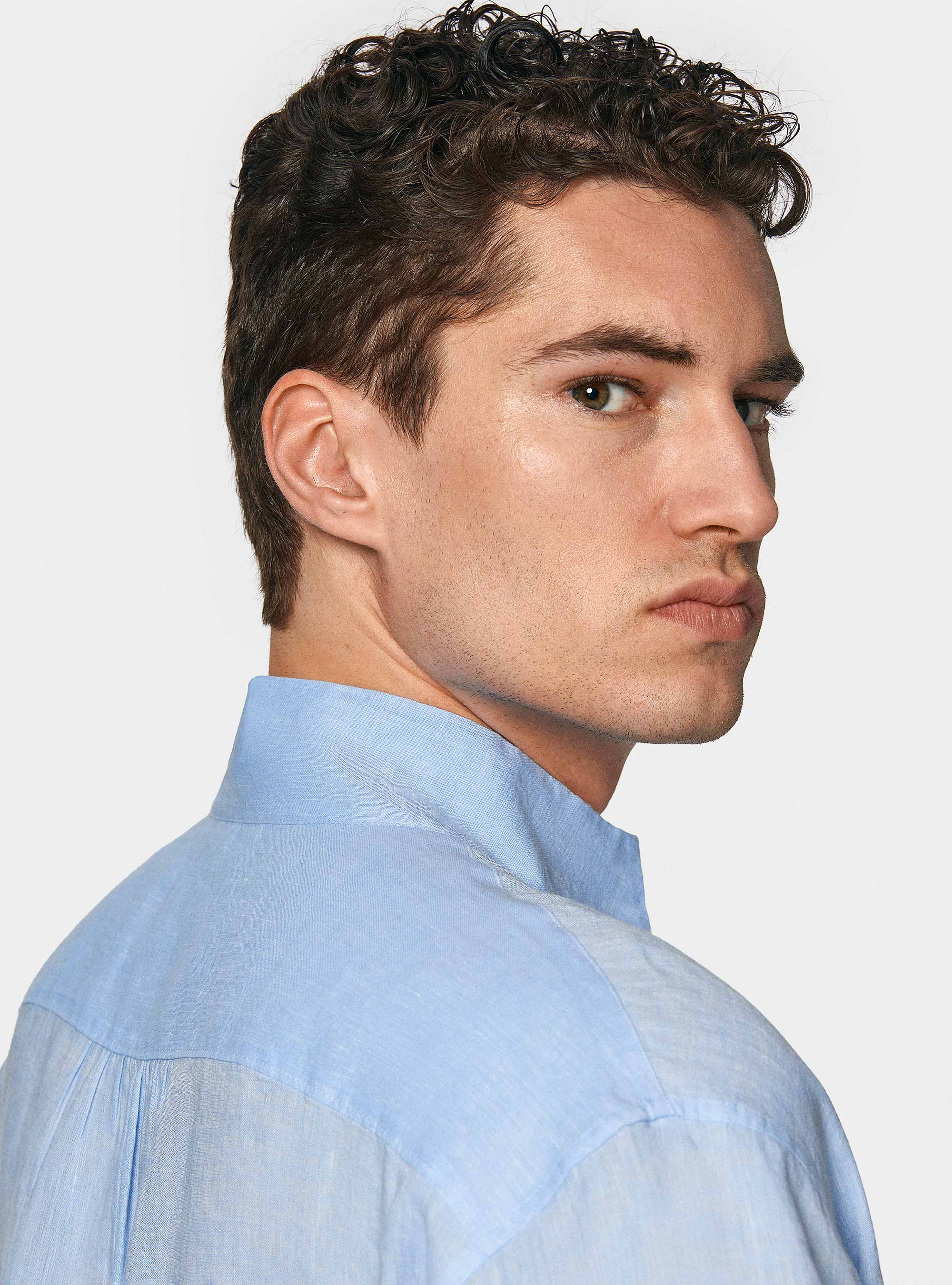 Camicia coreana in puro lino, AZZURRO