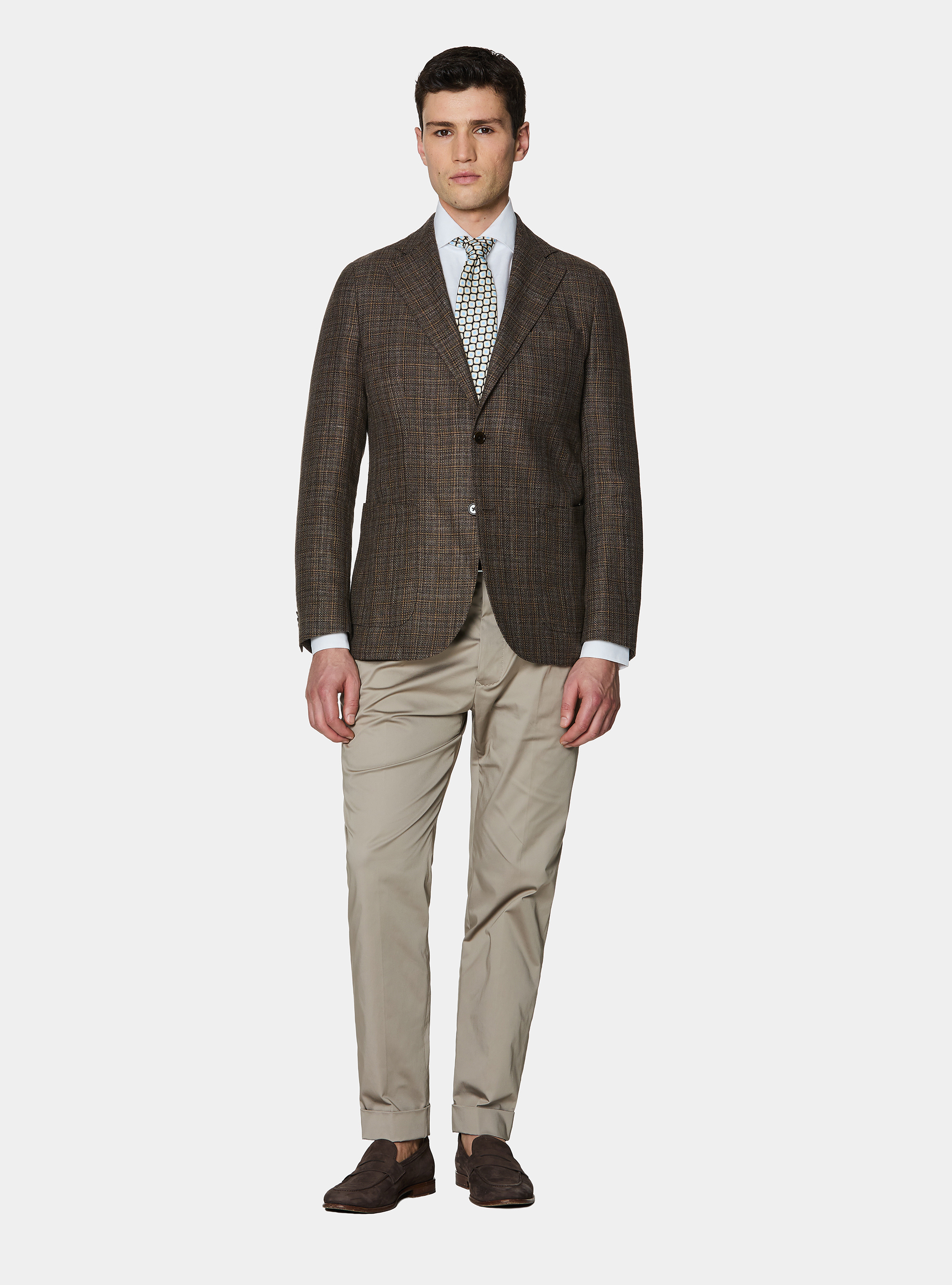Patterned blazer in linen and wool, BROWN