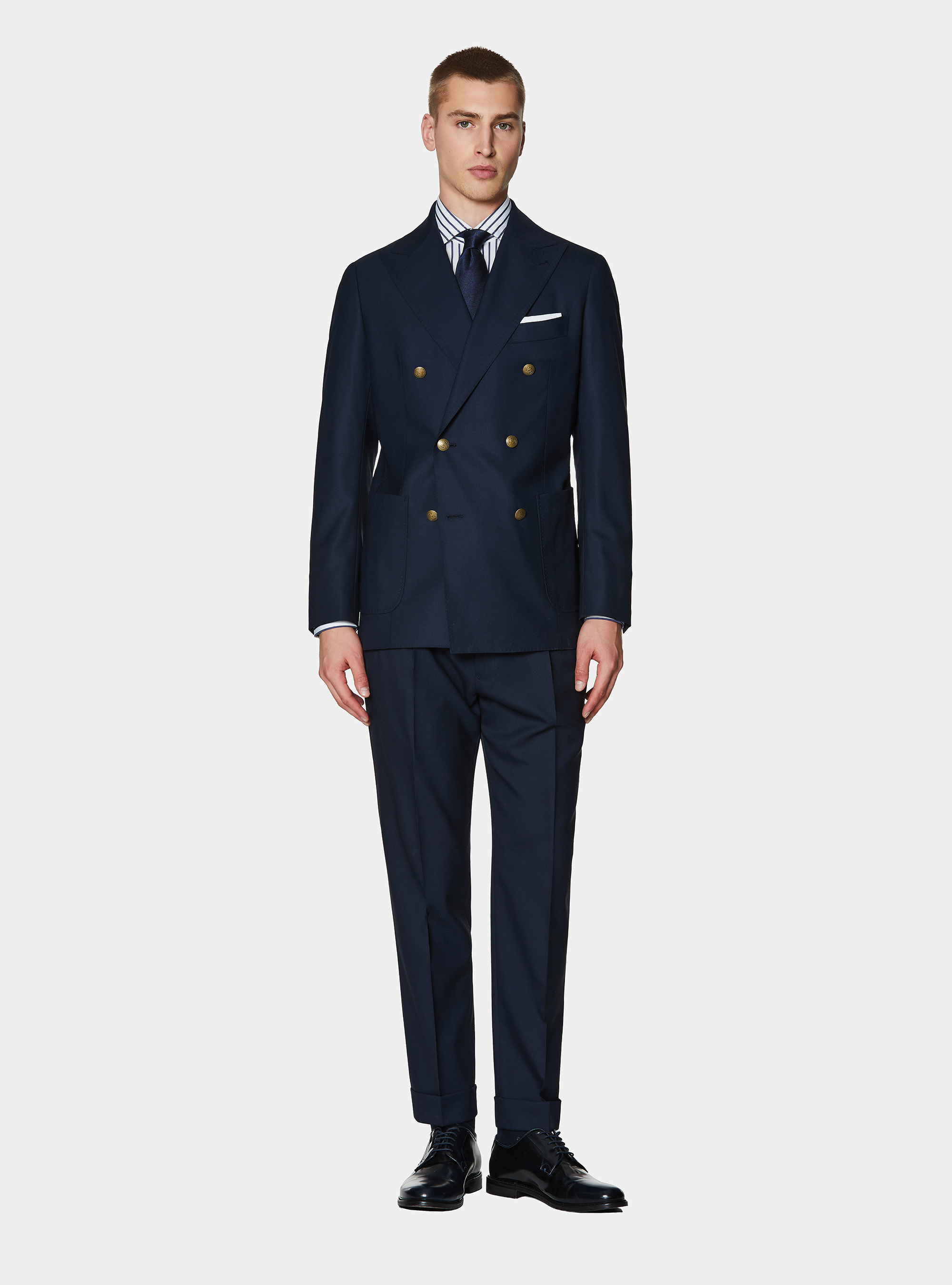 Double-breasted blazer in pure wool with metal buttons, NAVY