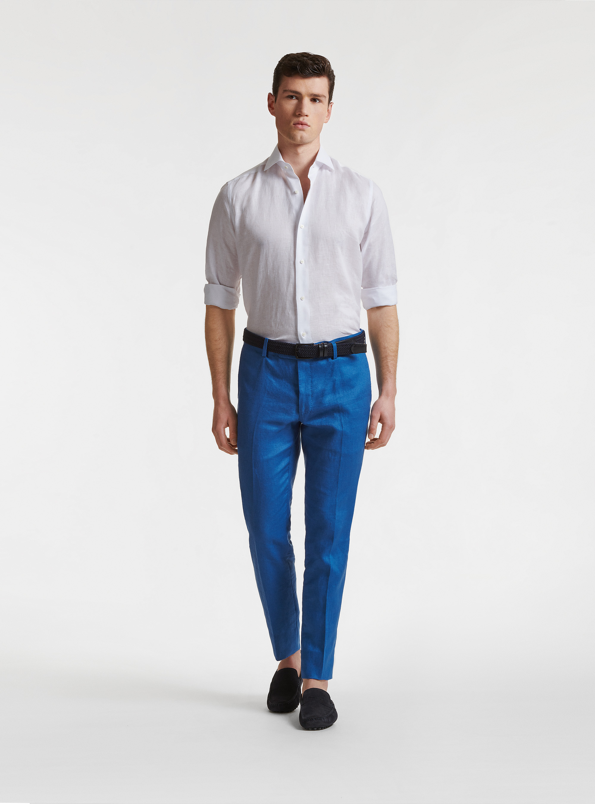 Camicia in puro lino con collo semi francese, BIANCO