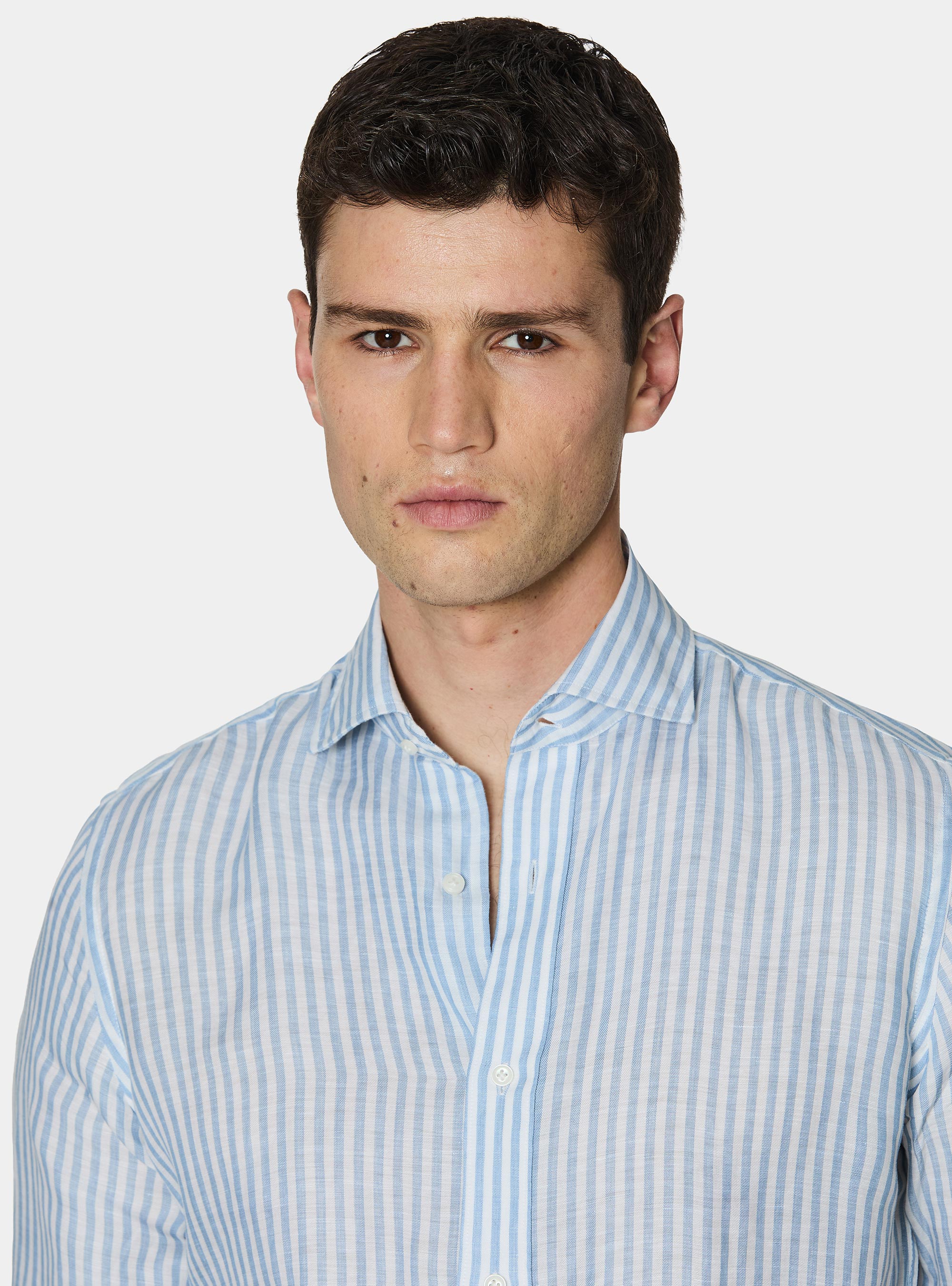 Gestreiftes Hemd aus einer Leinenmischung, AZZURRO 0276C
