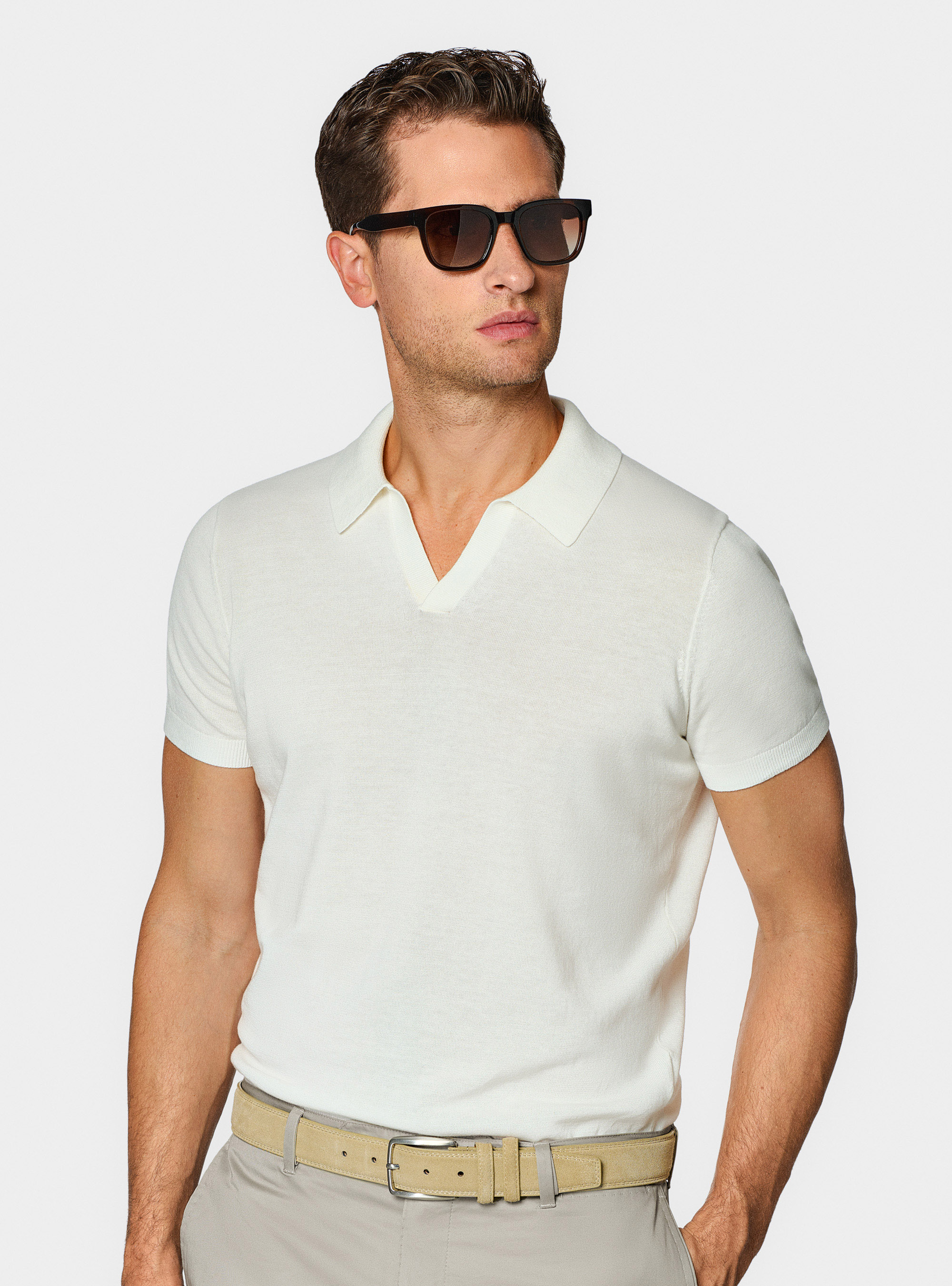 Buttonless knitted polo shirt in extra-fine cotton, WHITE