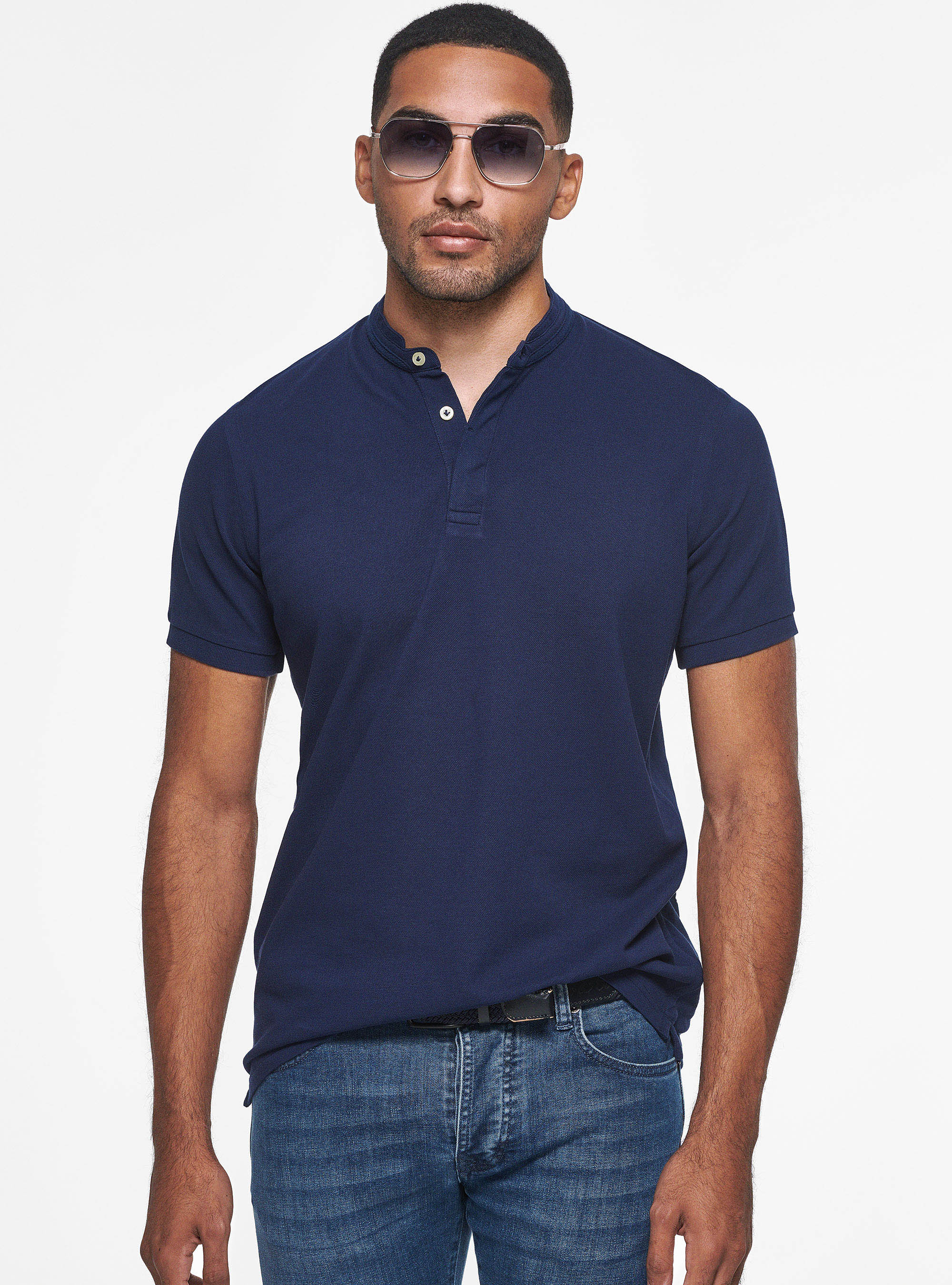 Polo coreano de piqu&eacute;, AZUL MEDIO