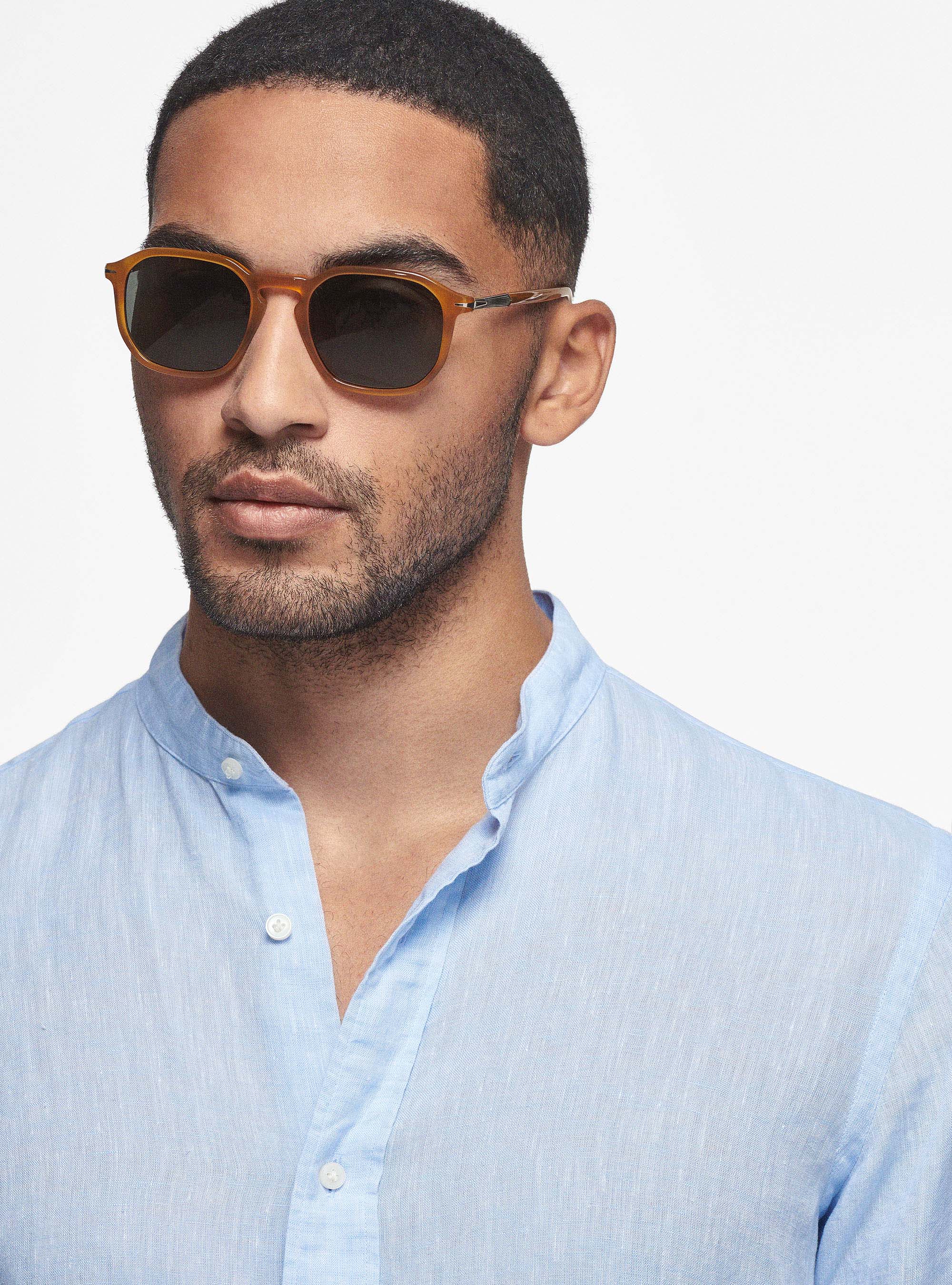 Camicia coreana in puro lino, AZZURRO