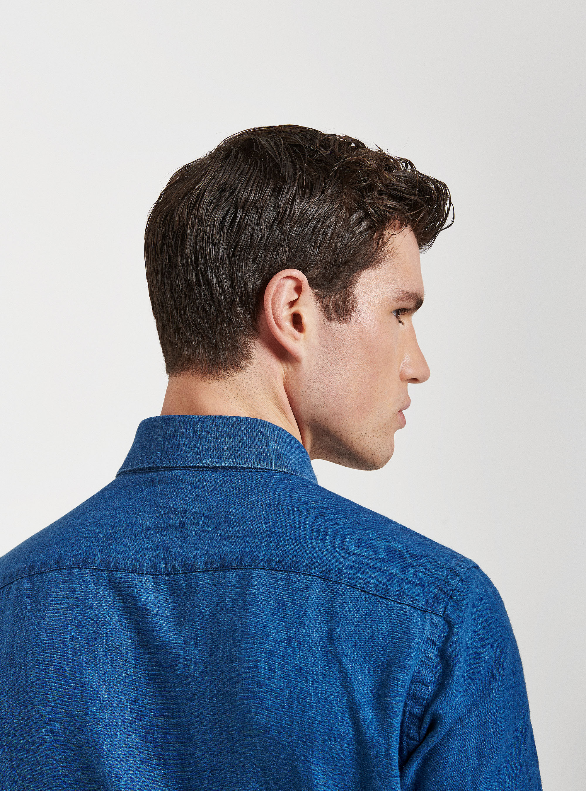 Camicia collo semi francese in lino cotone, BLU