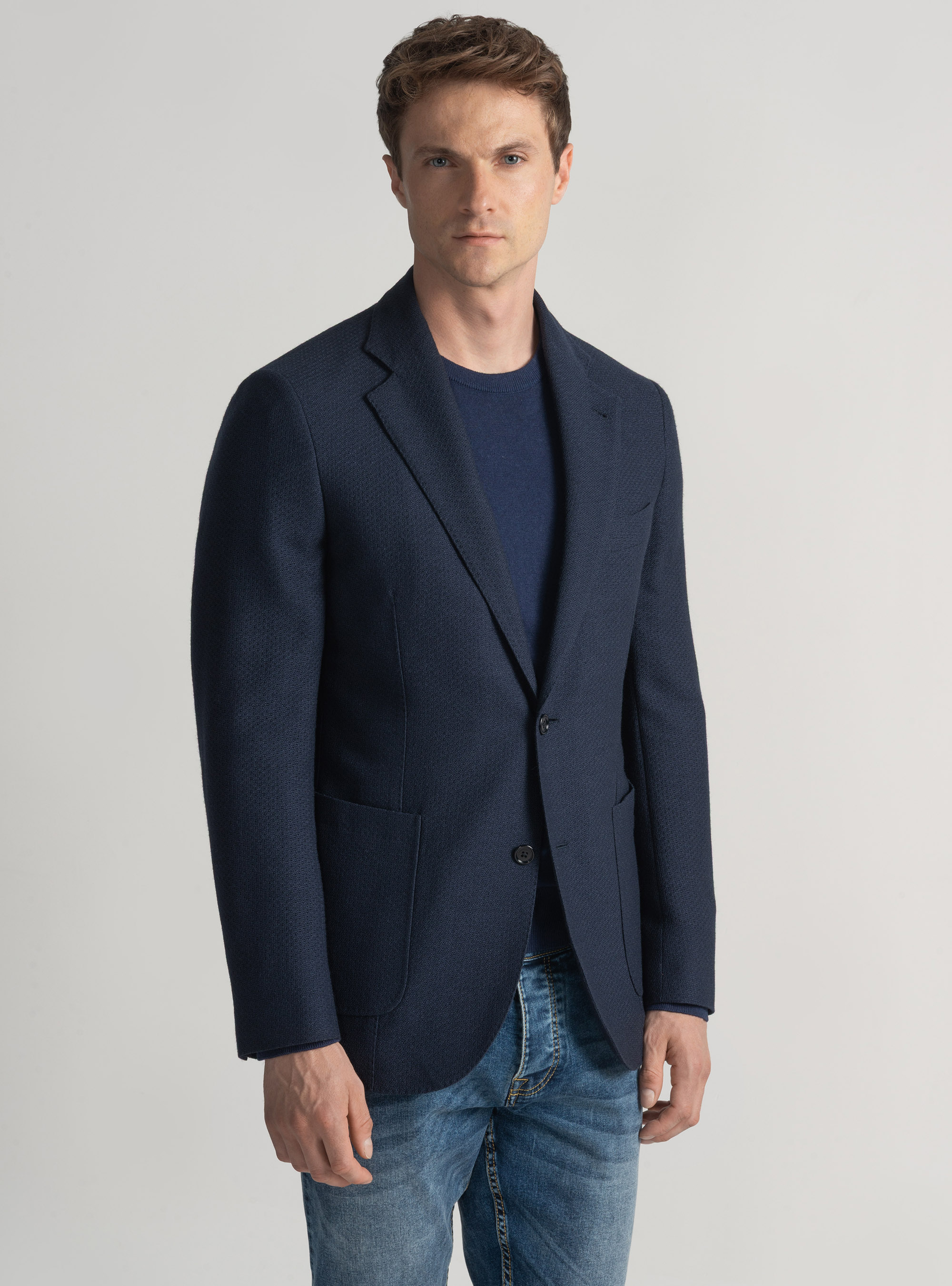 Wool and cotton leno blazer, NAVY BLUE