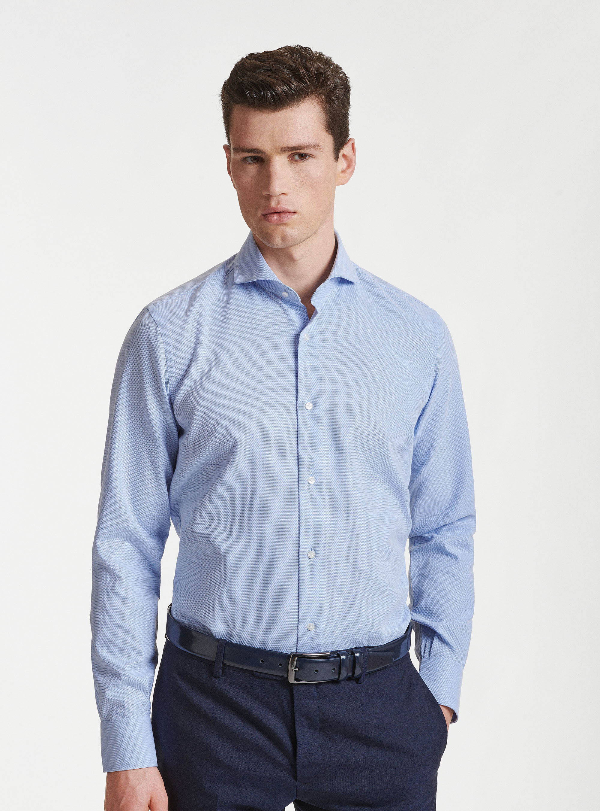 Camicia collo francese in cotone operato, AZZURRO