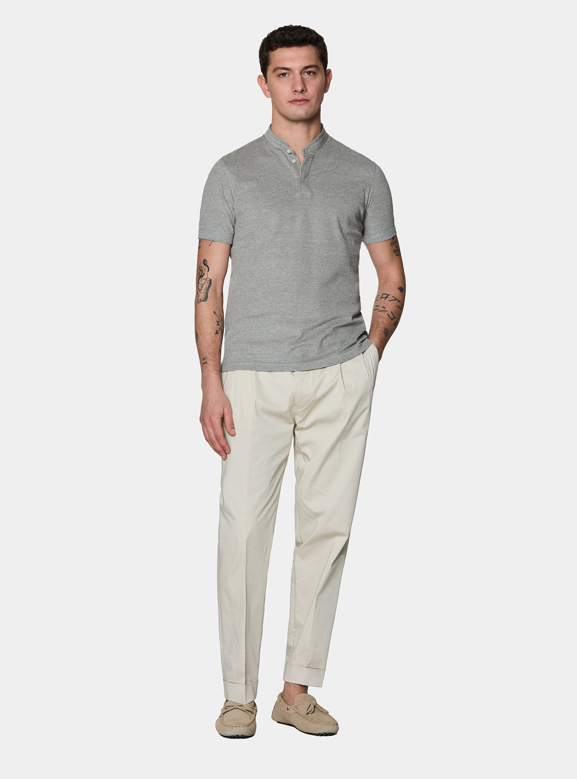 Polo collo coreano in misto cotone stretch, VERDE SALVIA 0604C