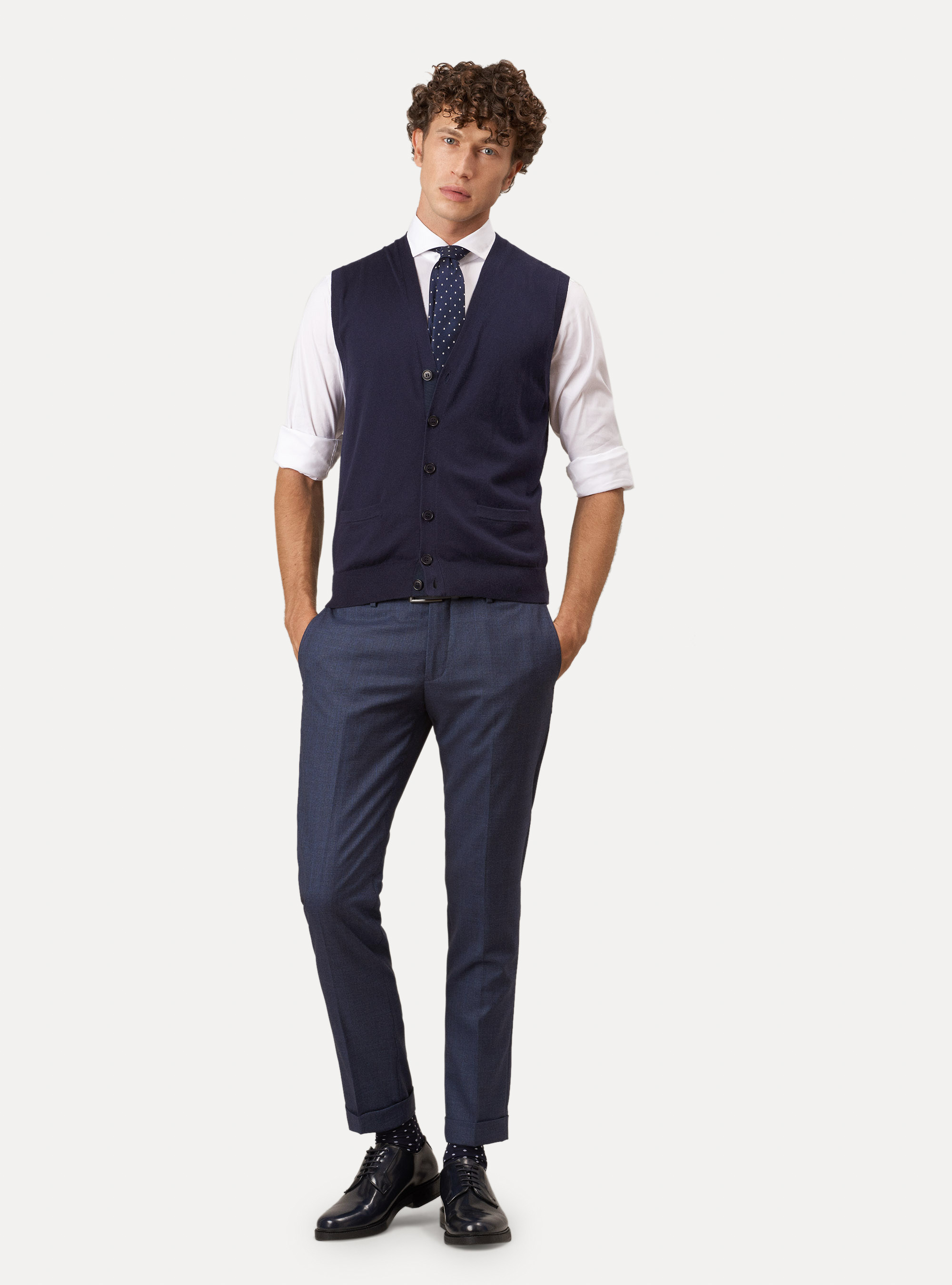 Cotton silk and cashmere knitted waistcoat, NAVY BLUE