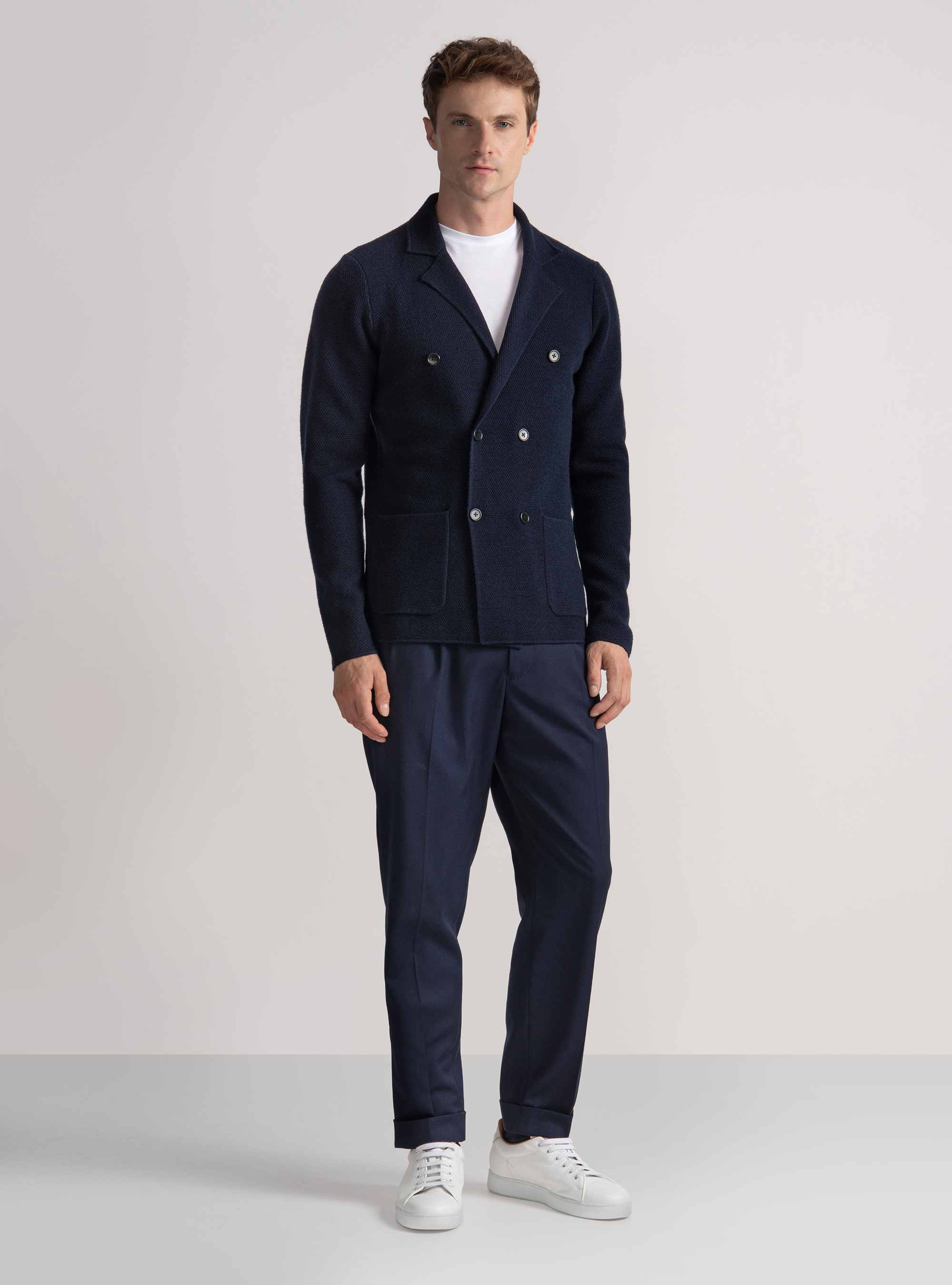Merino wool double-breasted knitted jacket, NAVY BLUE