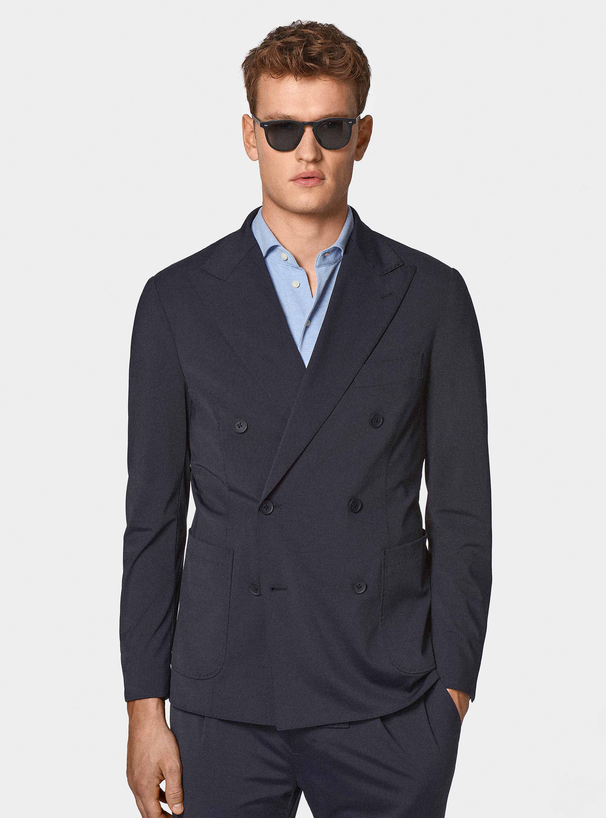 GT01 double-breasted blazer in stretch jersey, NAVY BLUE