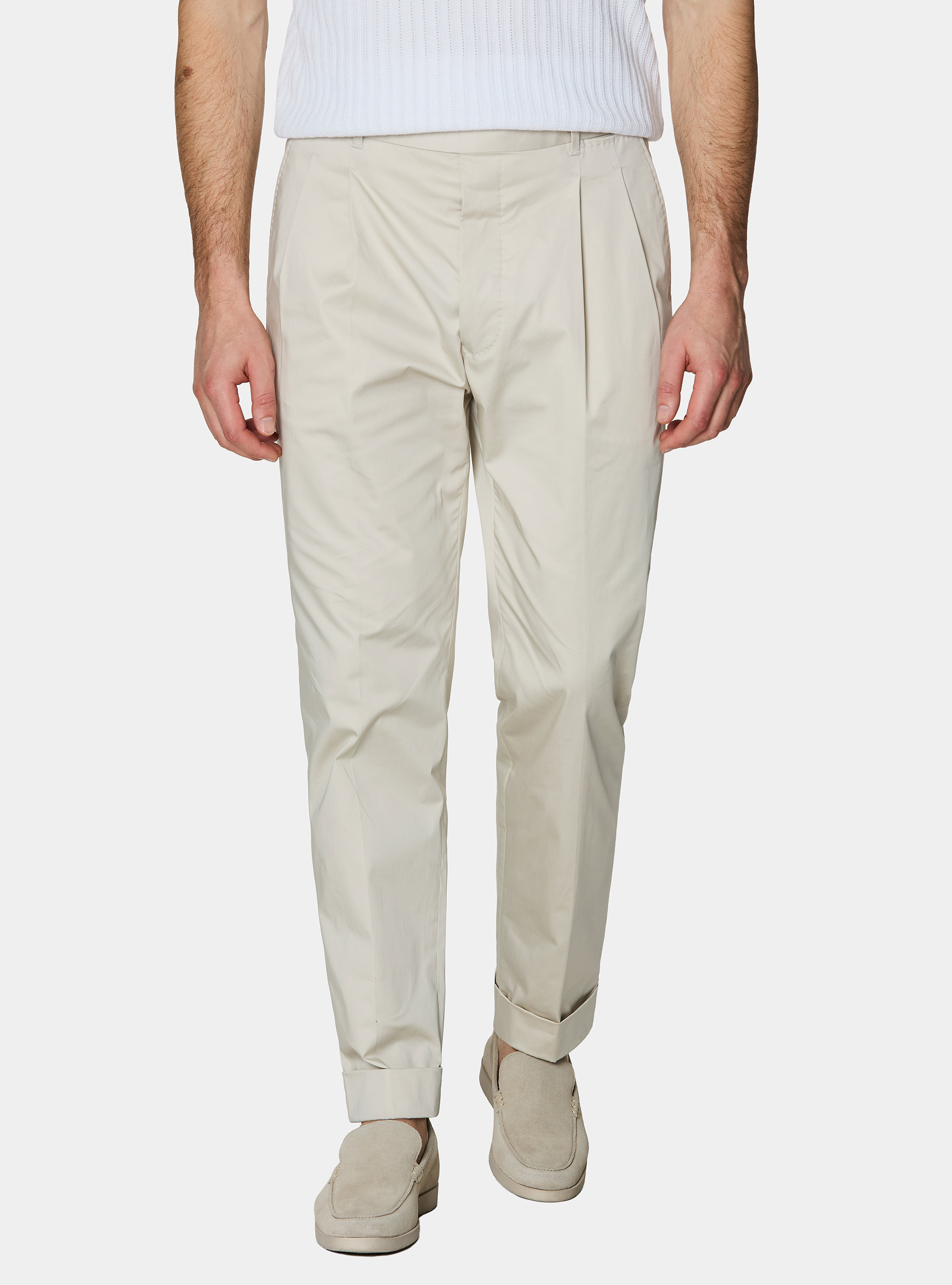 Stretch poplin cotton pleated trousers, OFF-WHITE