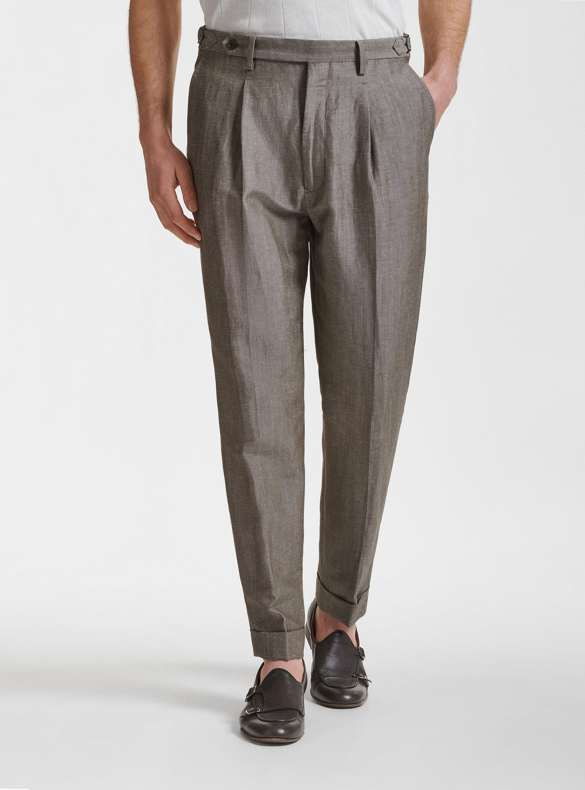Pantaloni per abito in lino e lana Zignone, FANGO
