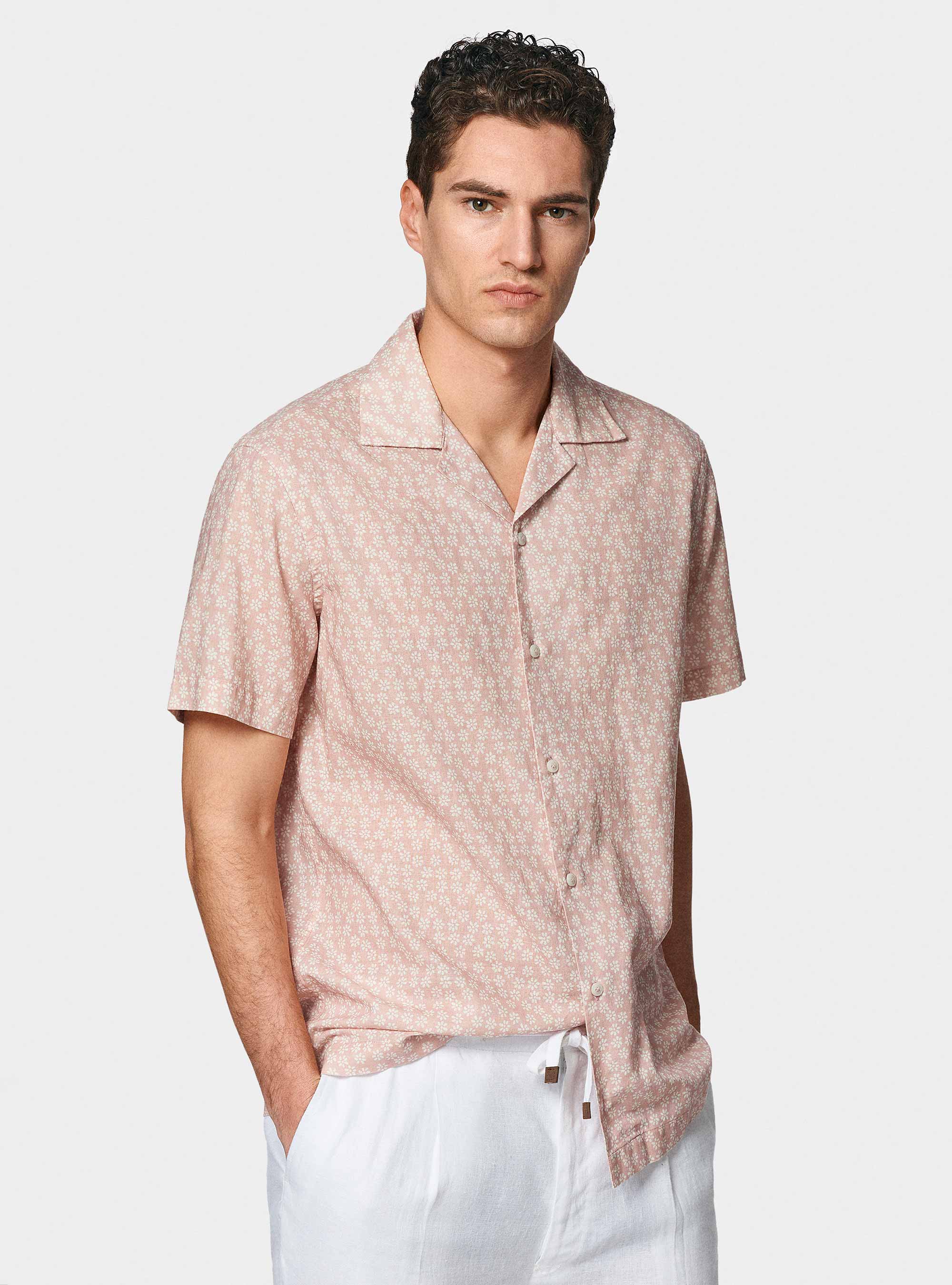 Bowling shirt in linen and printed cotton, ROSA CHIARO 0466C