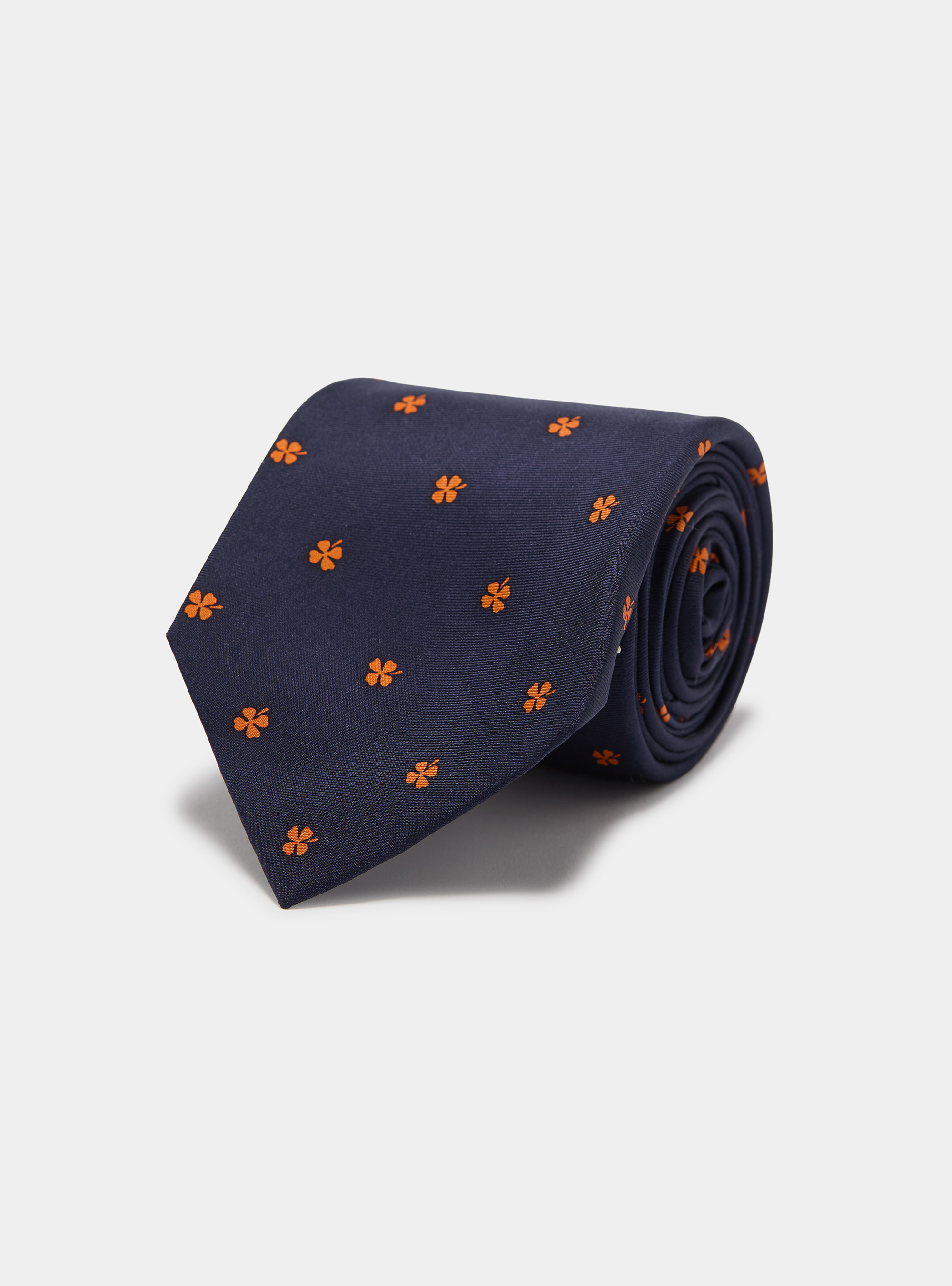 Corbata de seda con estampado de tr&eacute;bol de cuatro hojas, NAVY/ORANGE