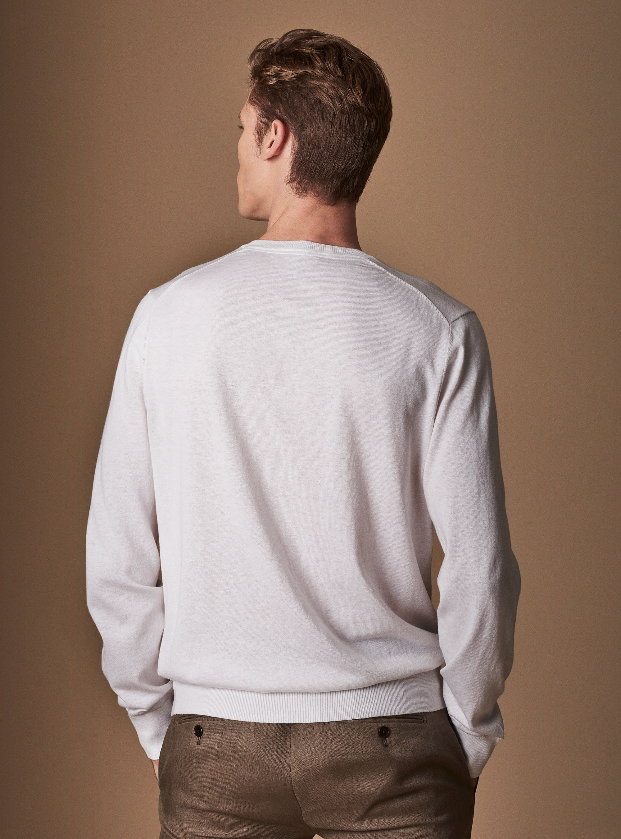 Pull col rond basique en soie de coton et cachemire, BLANC