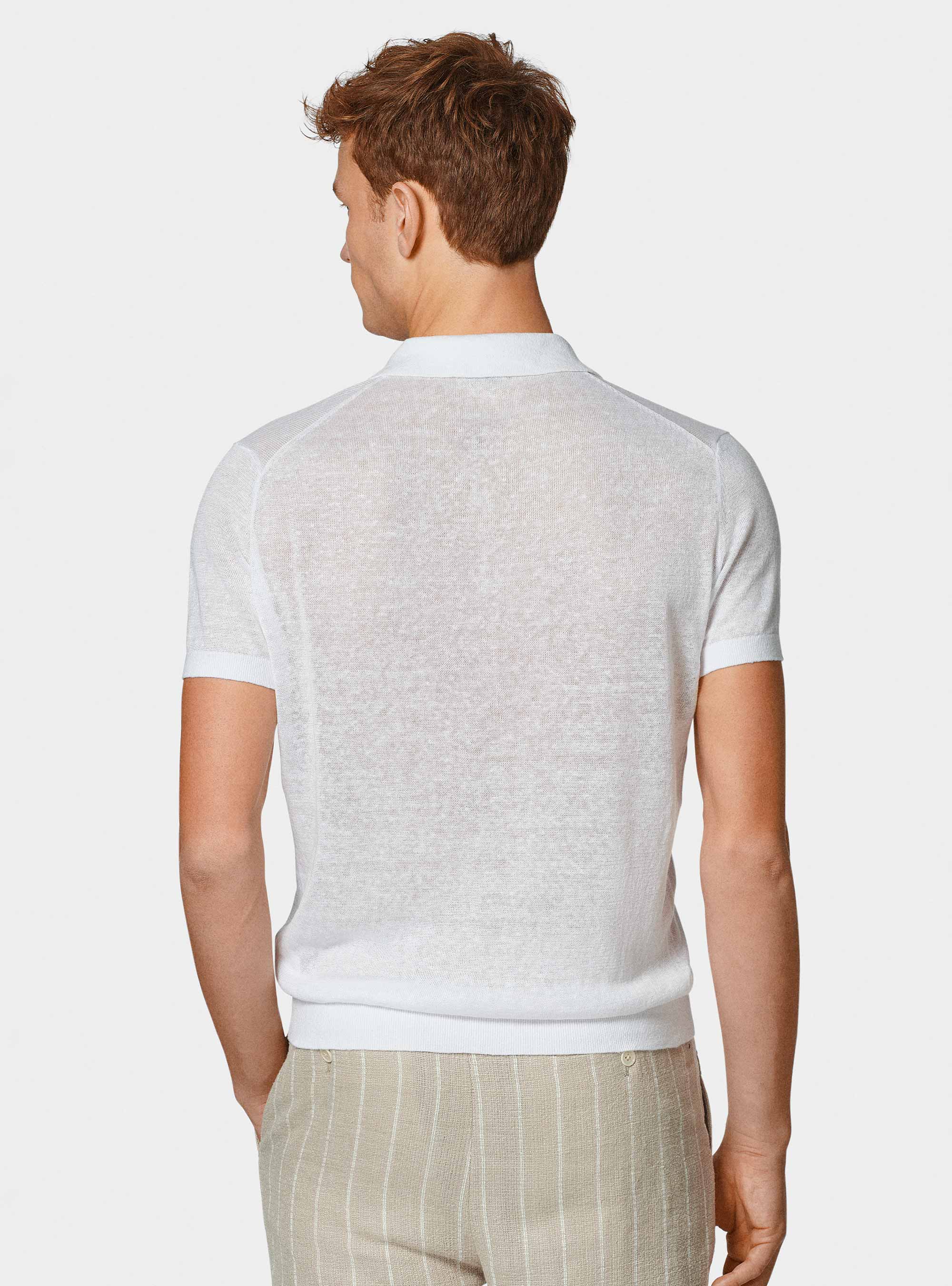 Buttonless knitted polo shirt in pure linen, WHITE