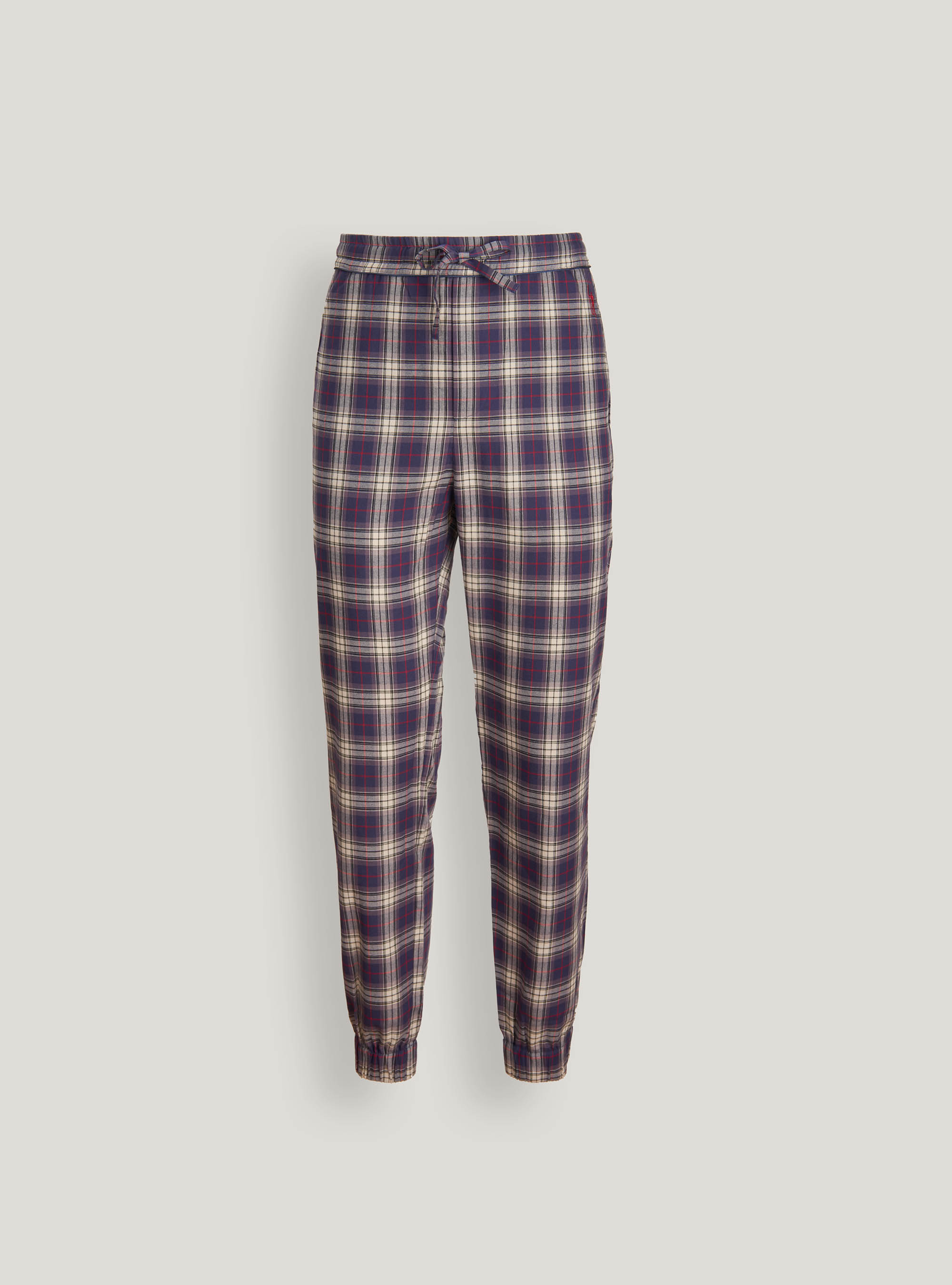 Checked cotton flannel long trousers, NAVY BLUE