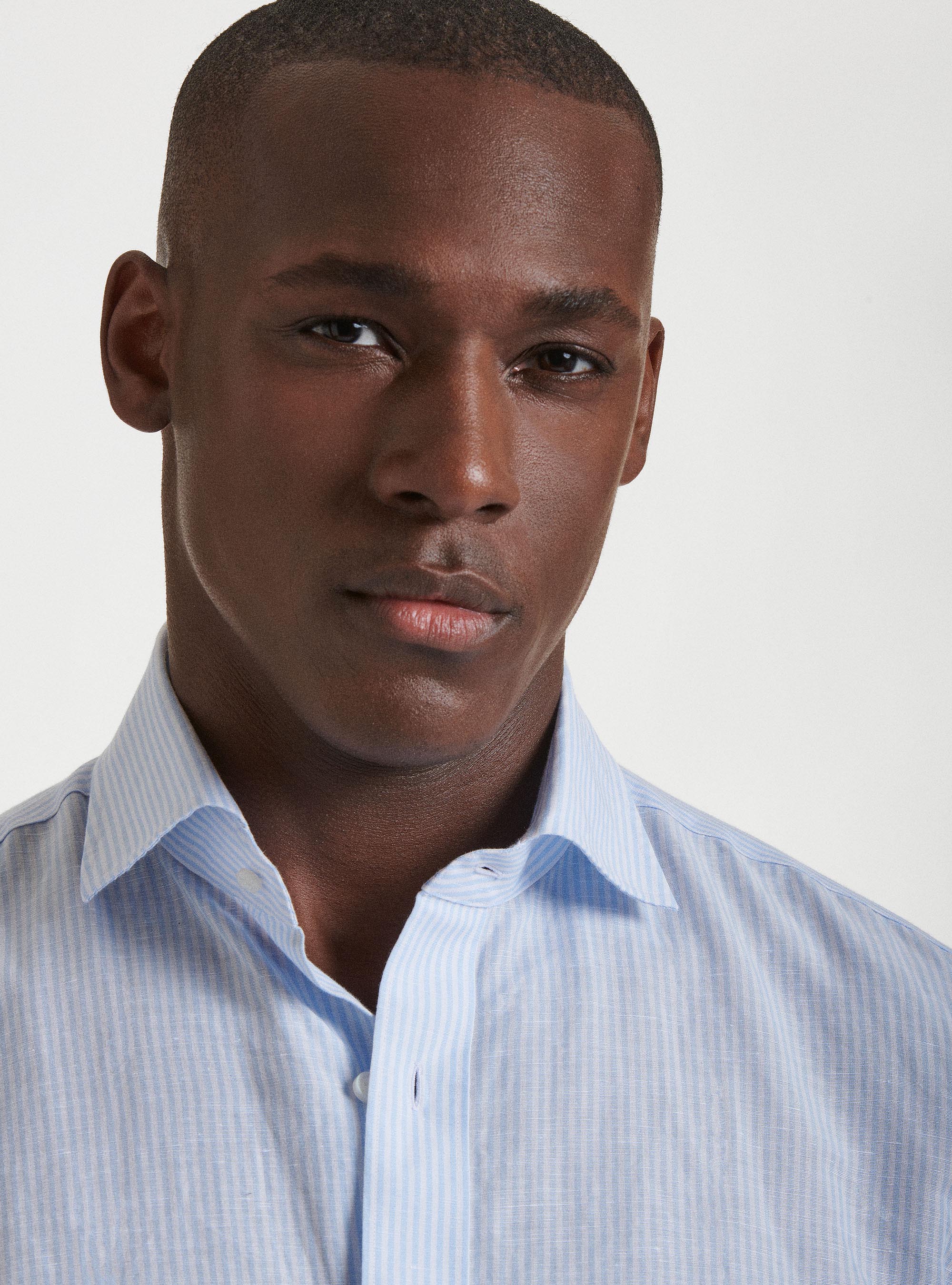 Semi-French collar shirt in linen and striped cotton, LIGHT BLUE
