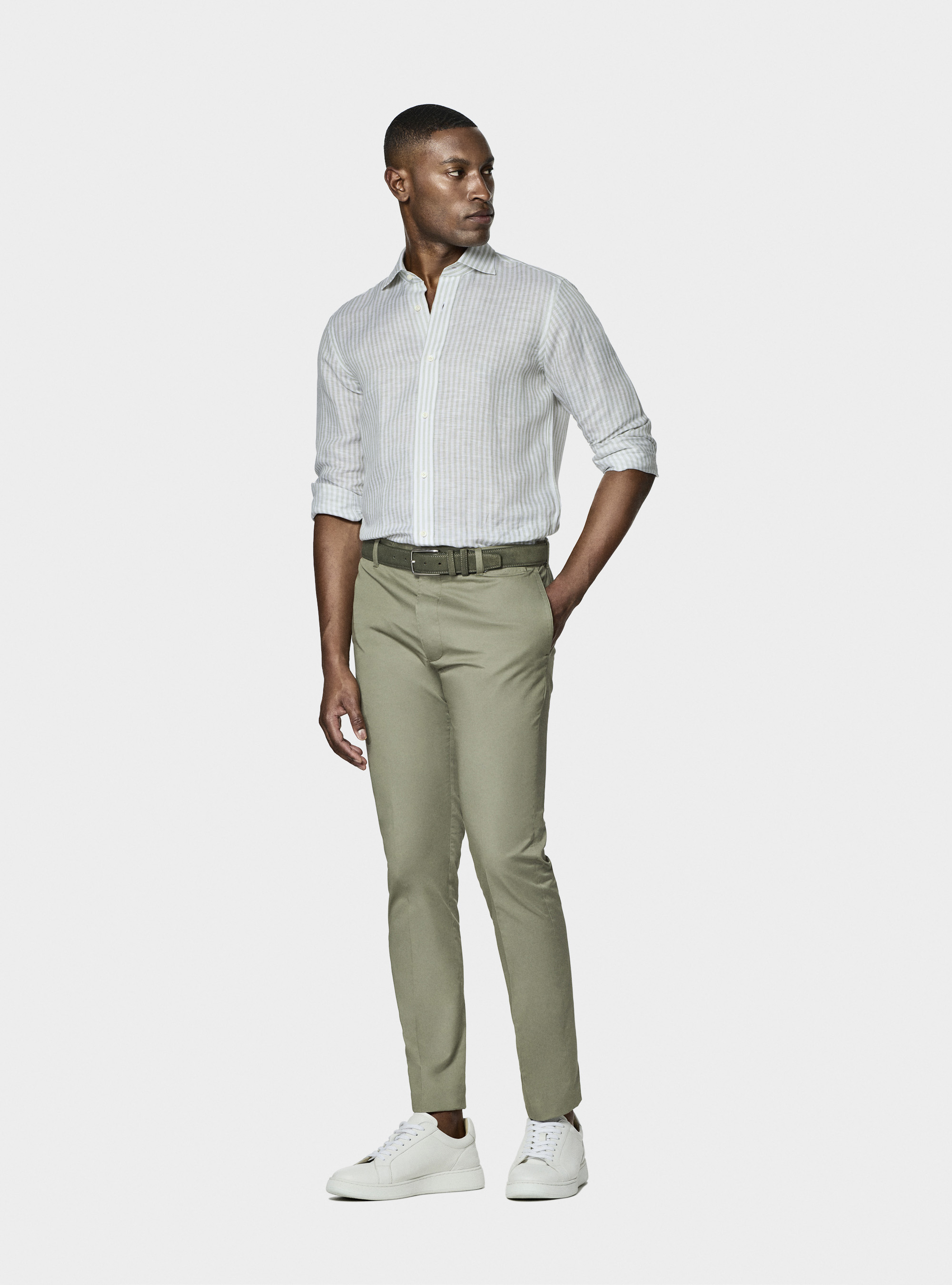 Camicia rigata in misto lino, SALVIA 0602C
