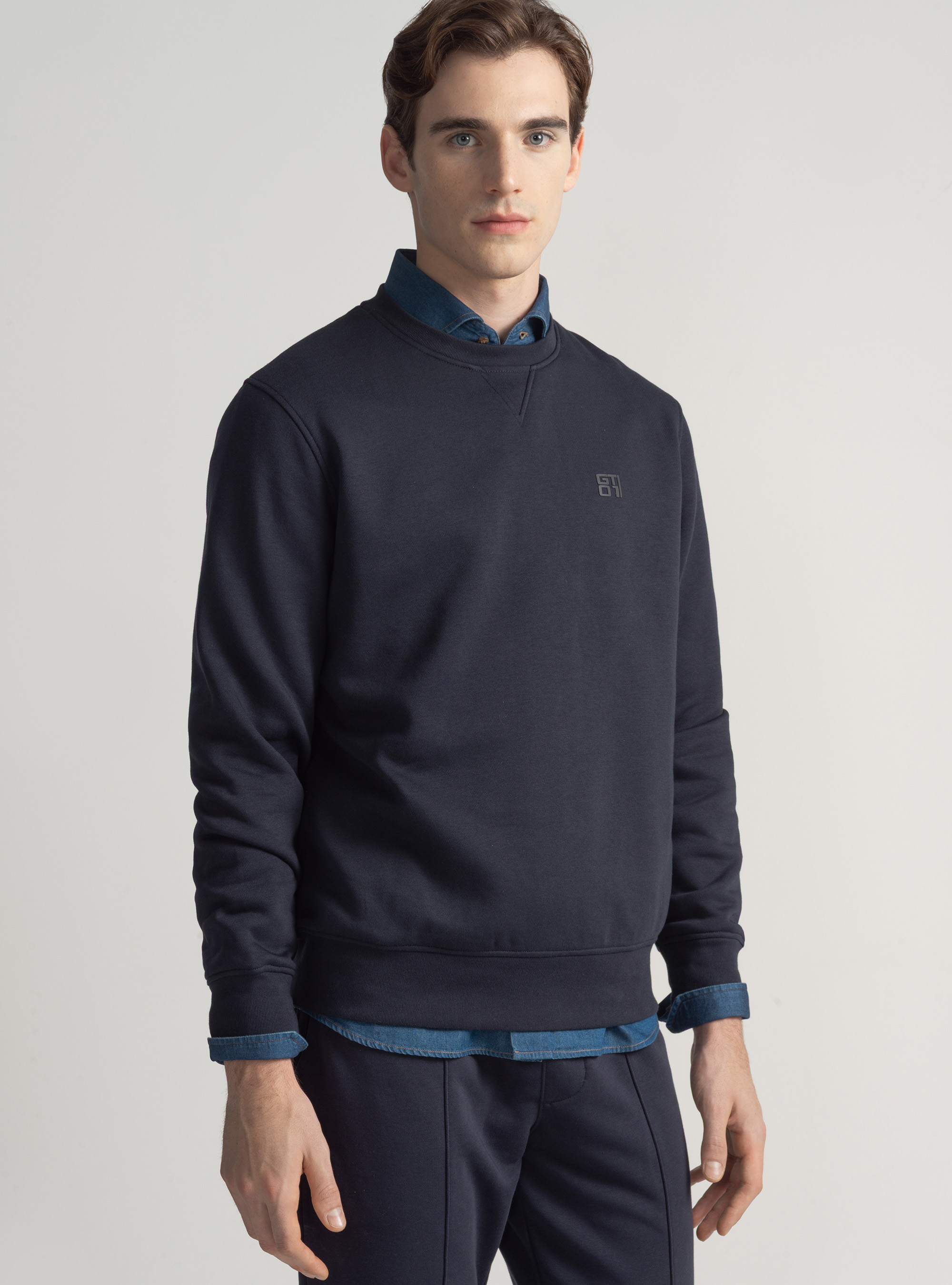 Crew neck sweatshirt with rubberised logo GT01, NAVY BLUE