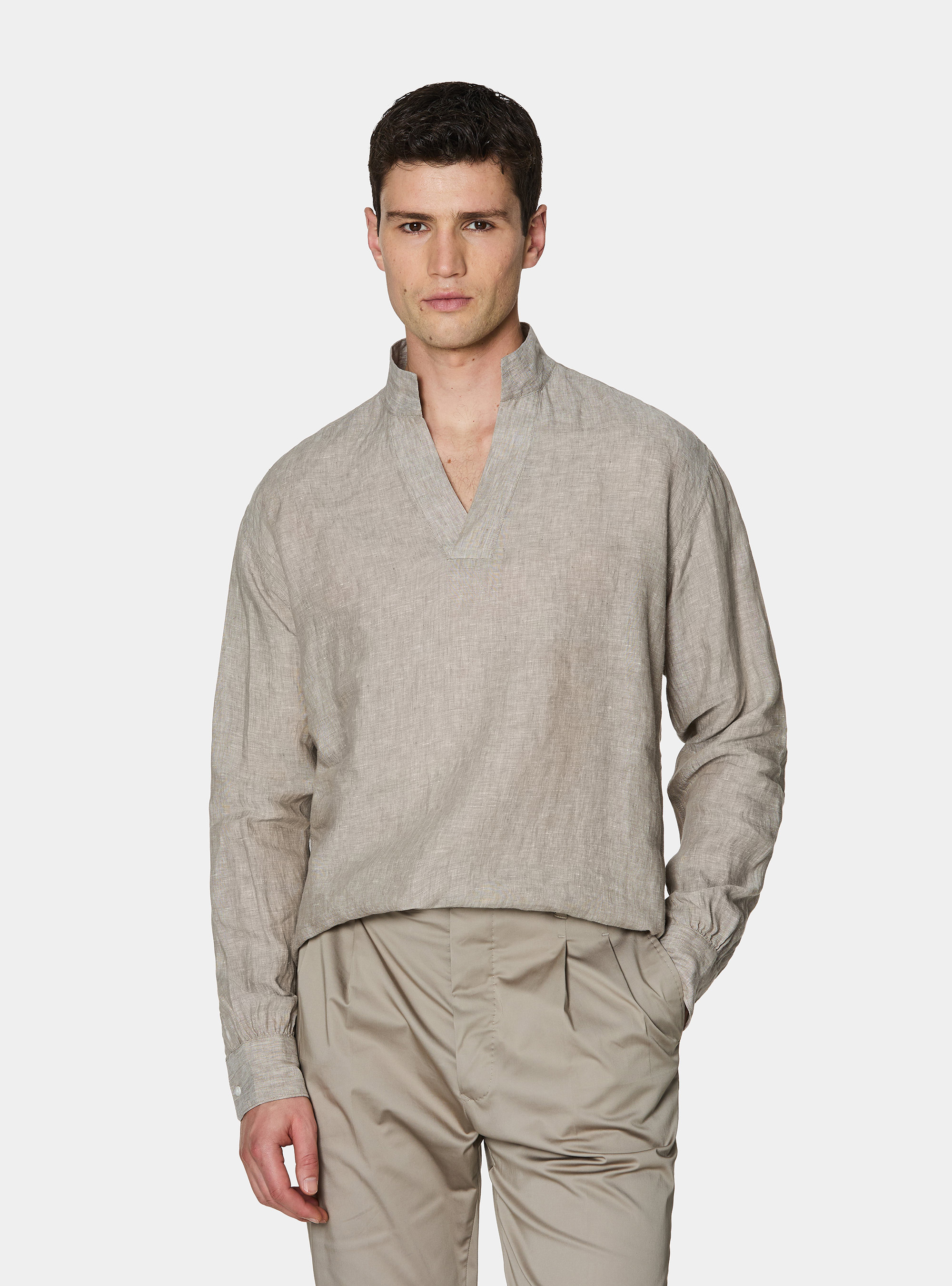 Pure linen shirt with wing collar, SABBIA MELANGE 0564C