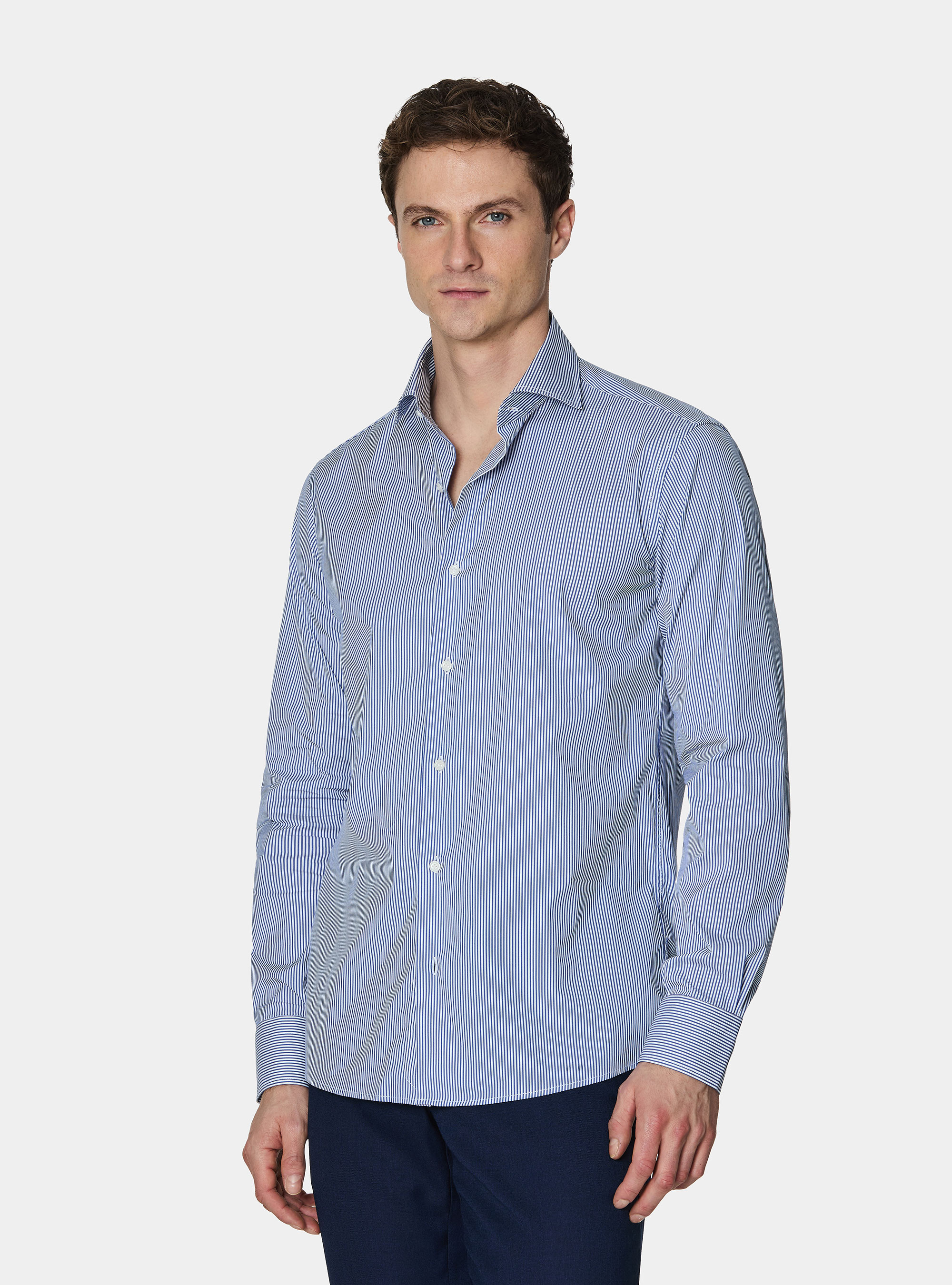 Chemise ray&eacute;e en popeline de coton stretch, BLEU