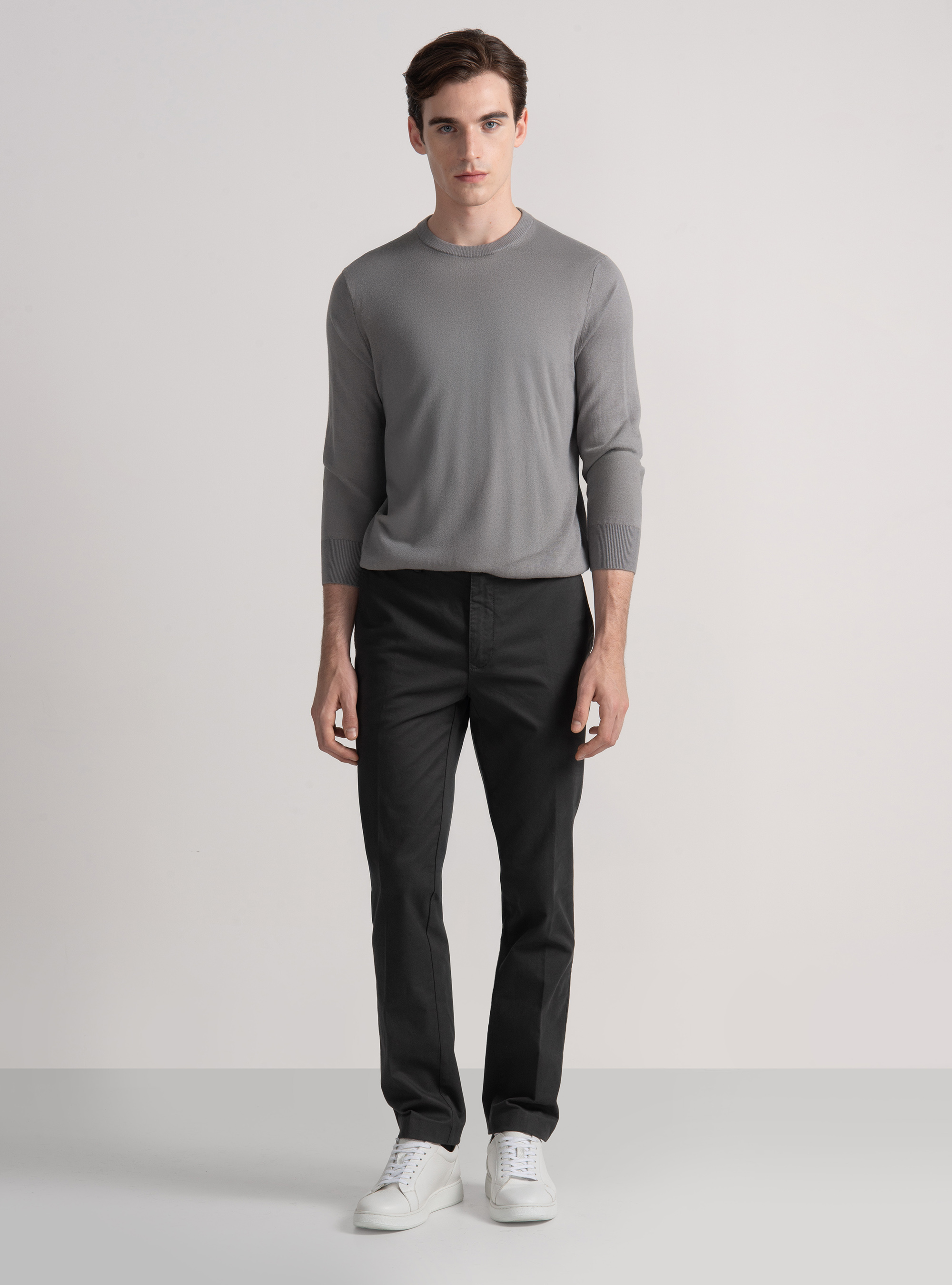 Maglia girocollo in cotone seta e cashmere, GRIGIO CHIARO