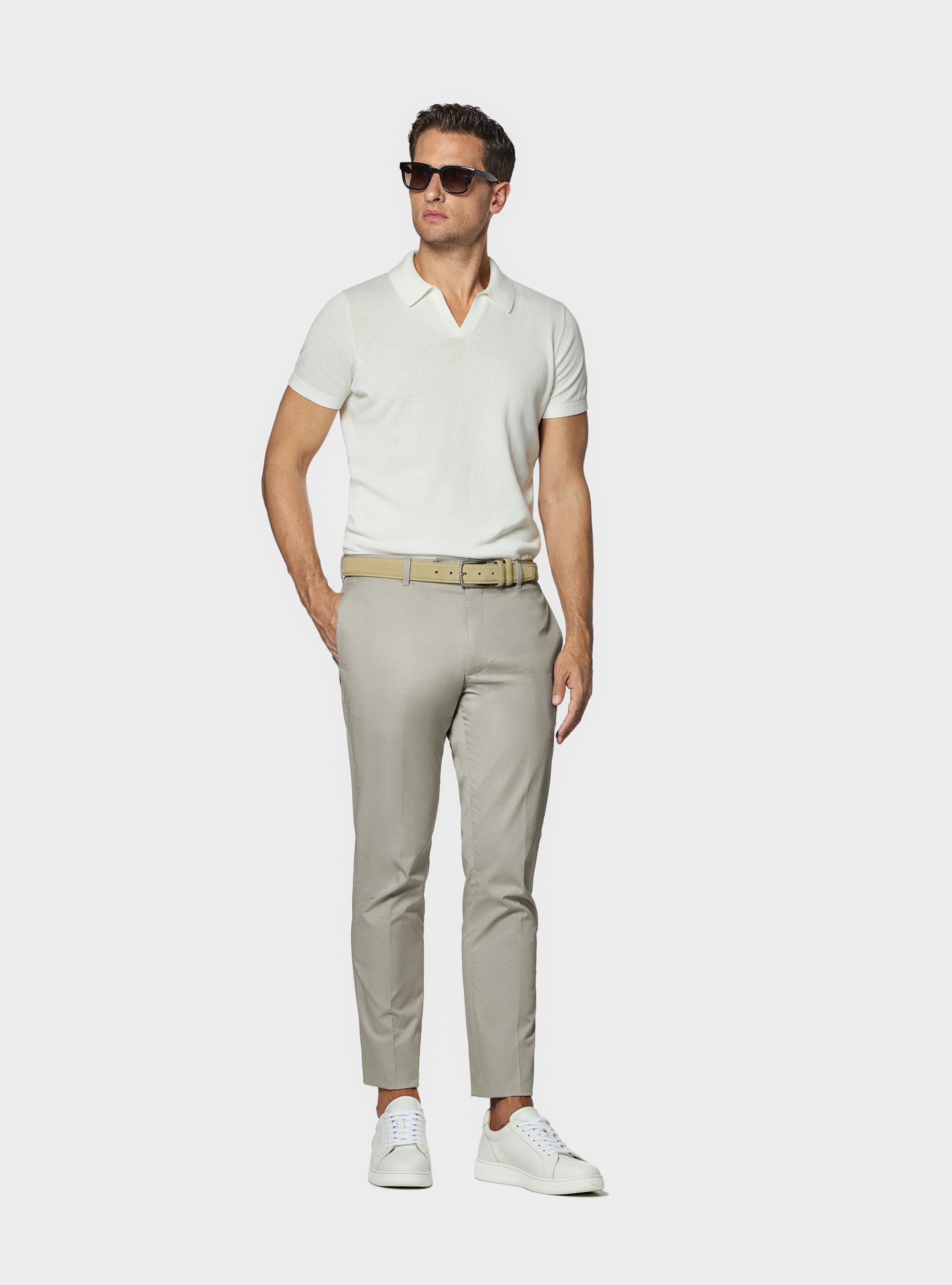 Buttonless knitted polo shirt in extra-fine cotton, WHITE
