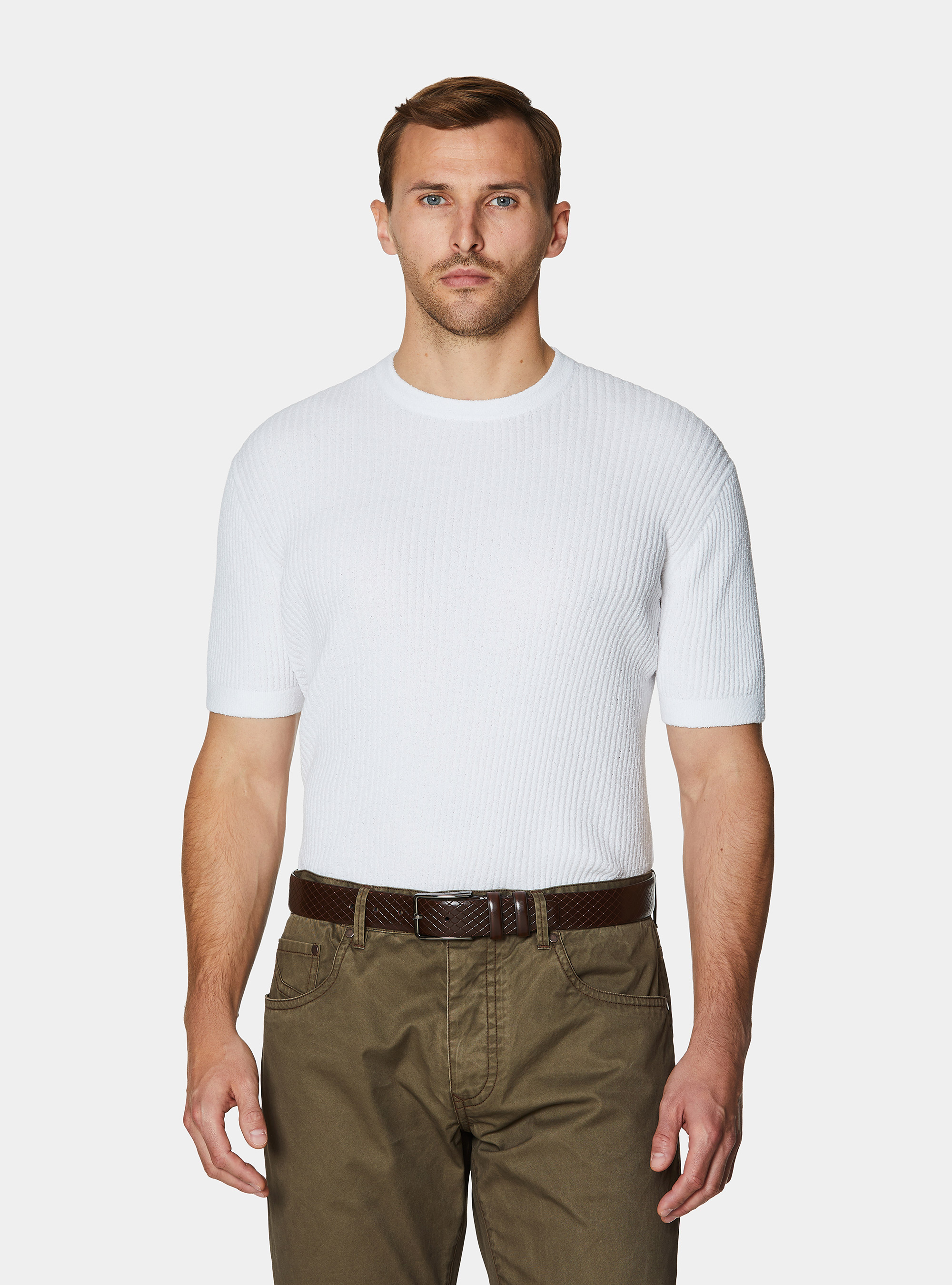 Crew neck in ribbed boucl&eacute; knit, WHITE