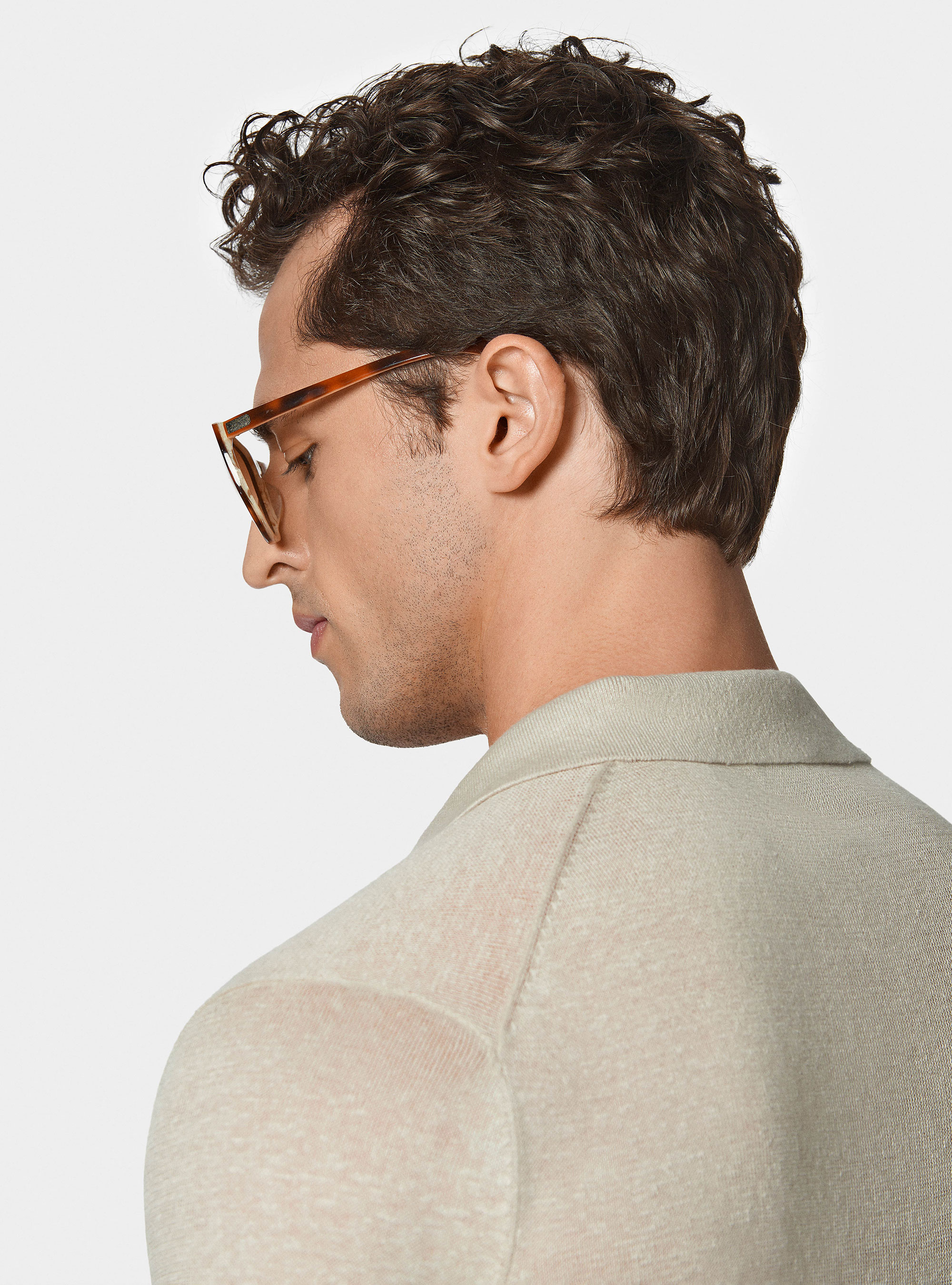 Buttonless knitted polo shirt in pure linen, ECRU