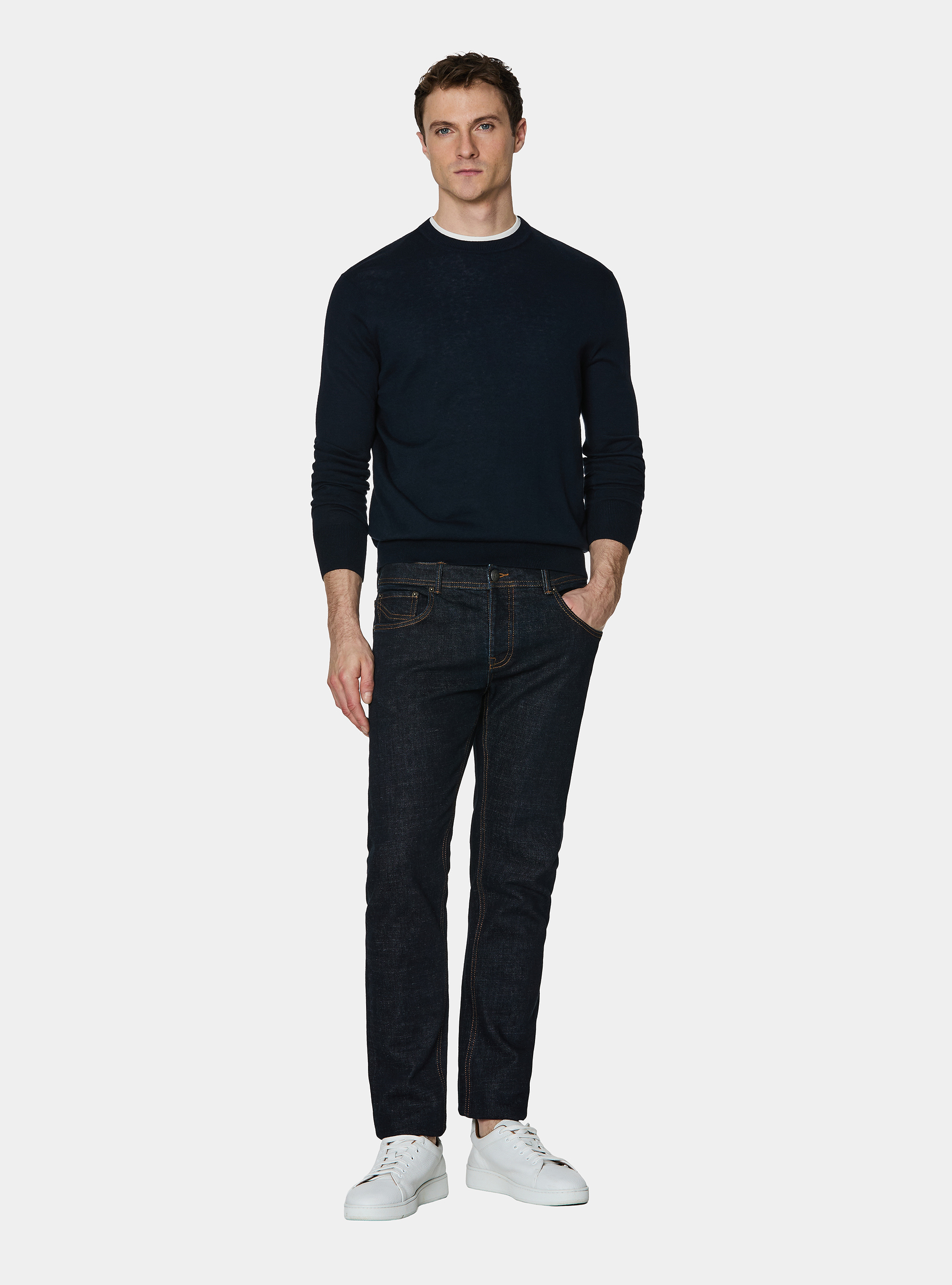 Cotton silk and cashmere crew neck sweater, NAVY BLUE