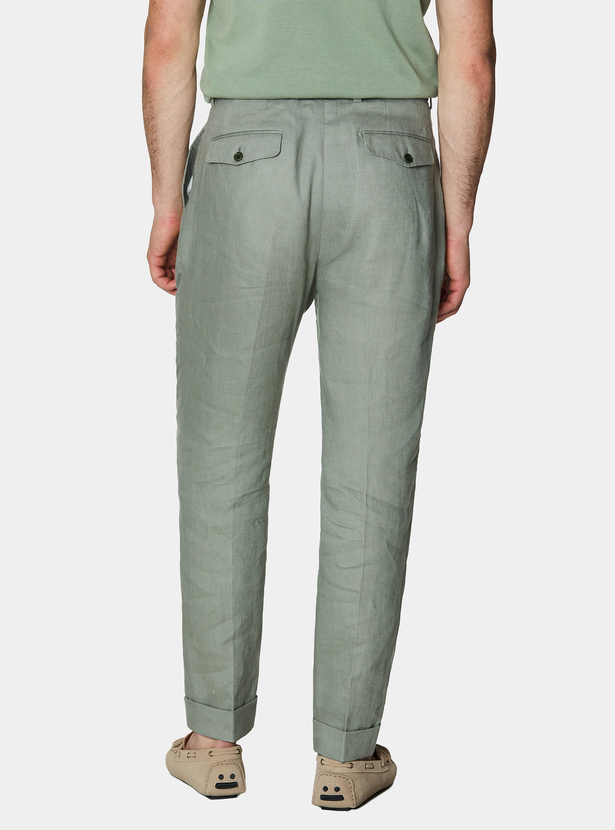 Pantal&oacute;n de lino puro con doble pinza, SALVIA 0602C