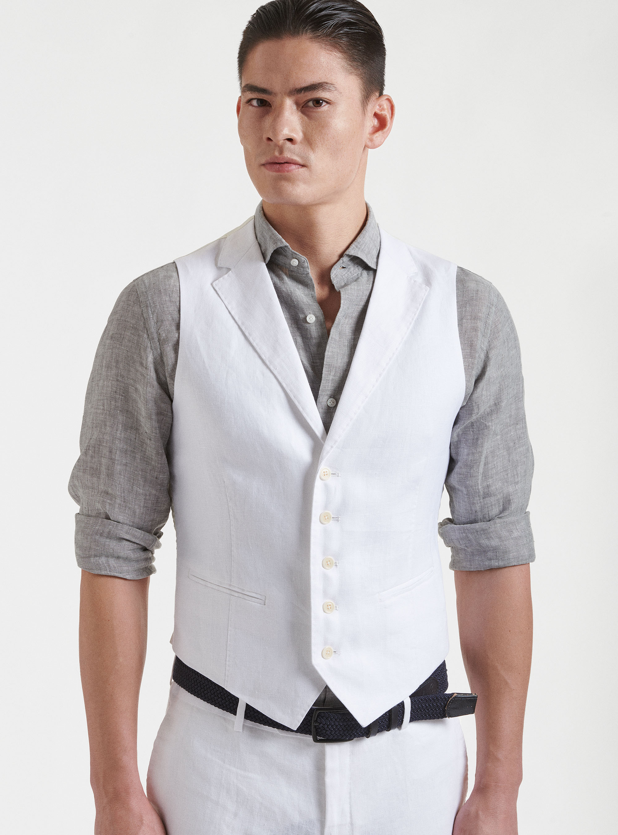 Pure linen single-breasted waistcoat with lapels, WHITE