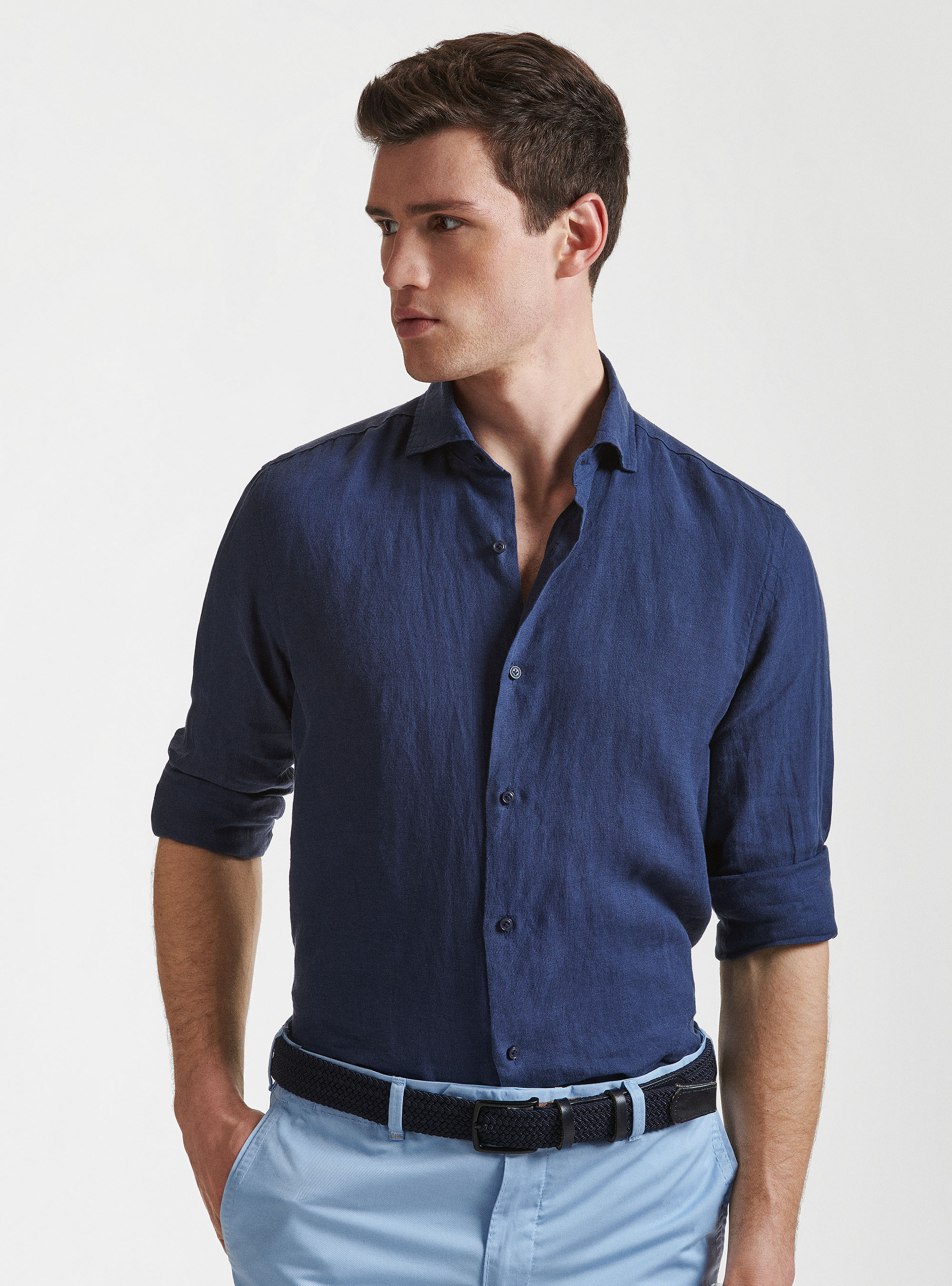Camicia collo semi francese in puro lino, BLU NAVY