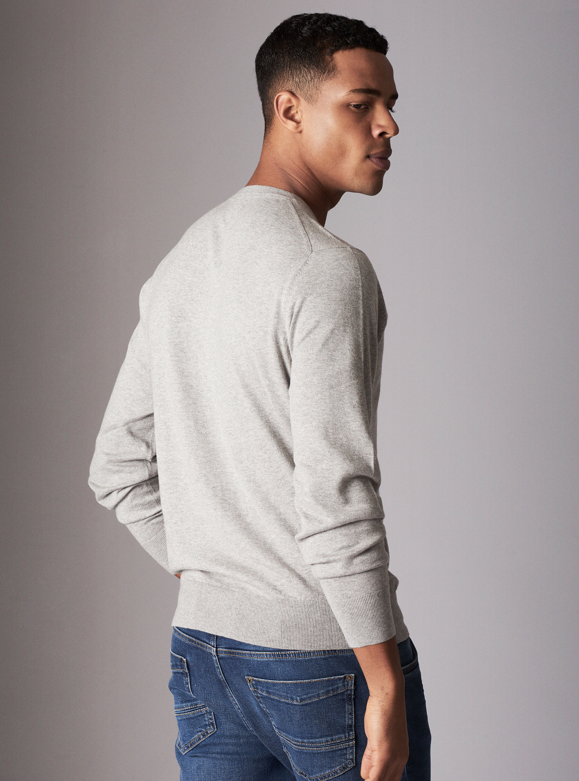 Maglia girocollo basica in cotone seta e cashmere, GRIGIO CHIARO MELANGE
